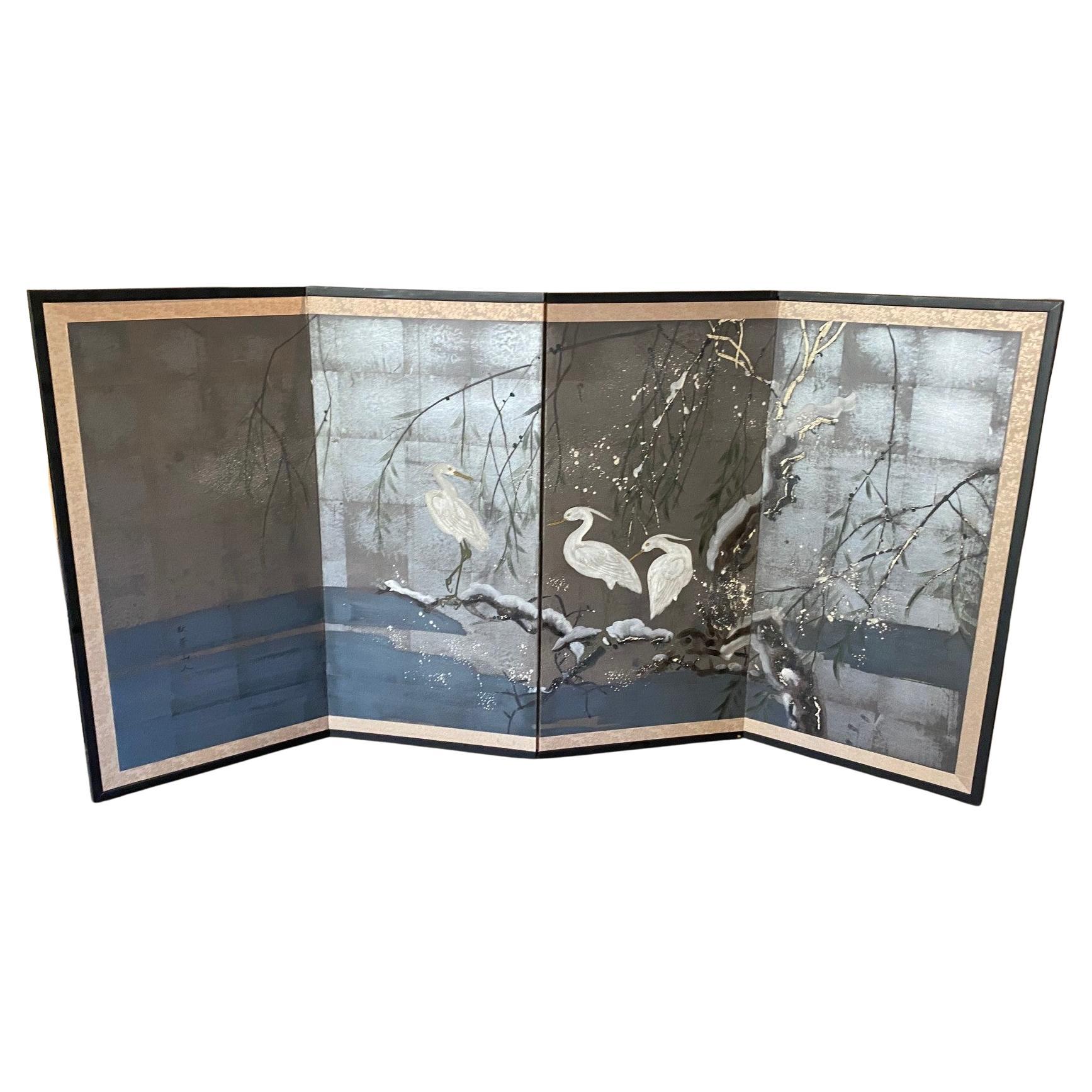Japanese Asian Signed Four Panel Folding Byobu Screen Herons in the Winter Snow