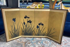 Japanese Asian Signed Four-Panel Folding Byobu Screen Iris Flowers Lanscape