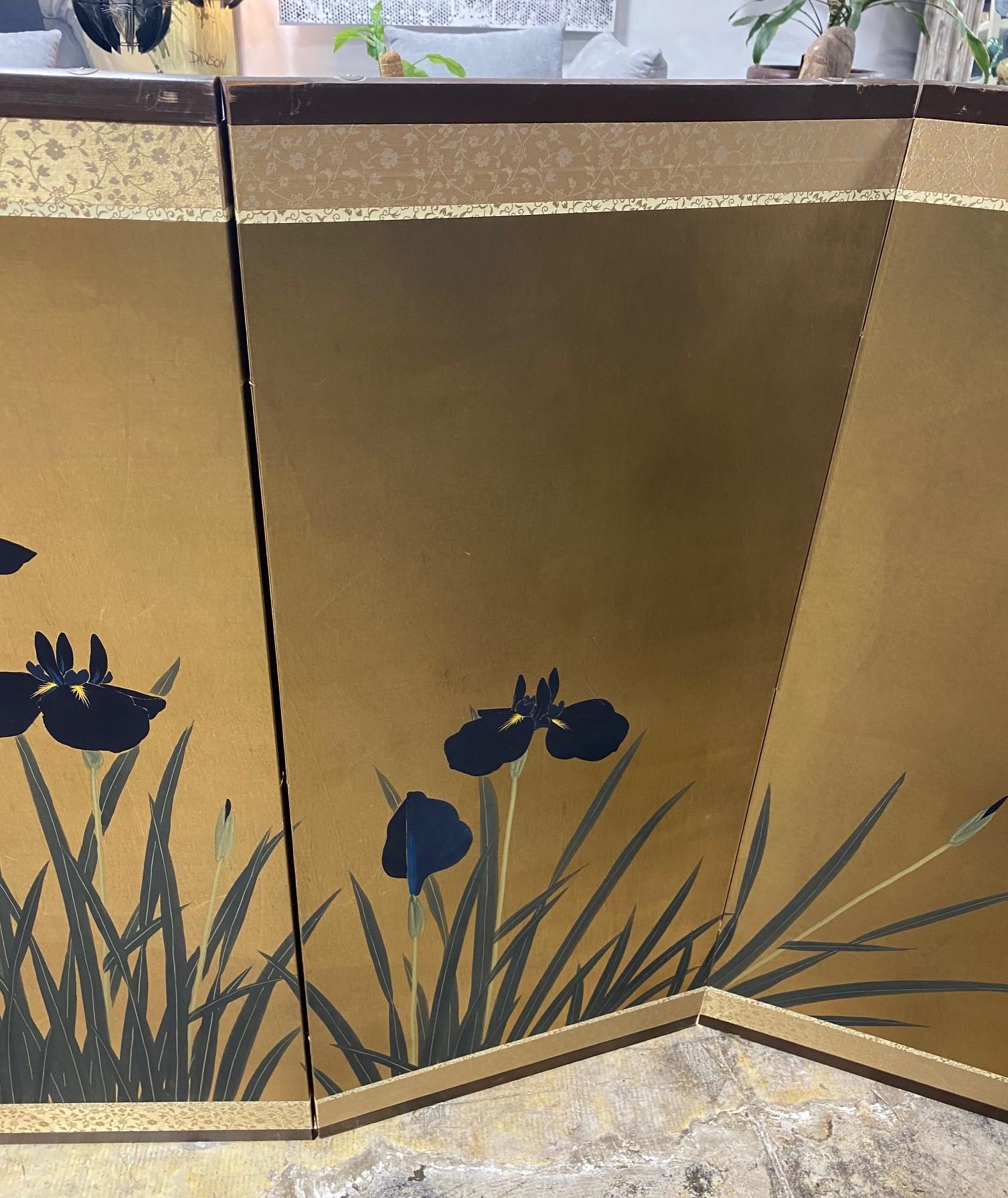 Showa Japanese Asian Signed Four-Panel Folding Byobu Screen Iris Flowers Lanscape