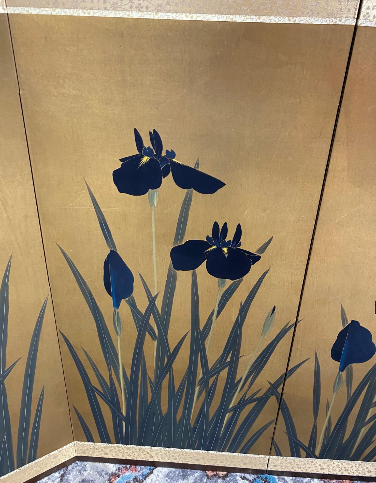 Japanese Asian Signed Four-Panel Folding Byobu Screen Iris Flowers Lanscape In Good Condition In Studio City, CA