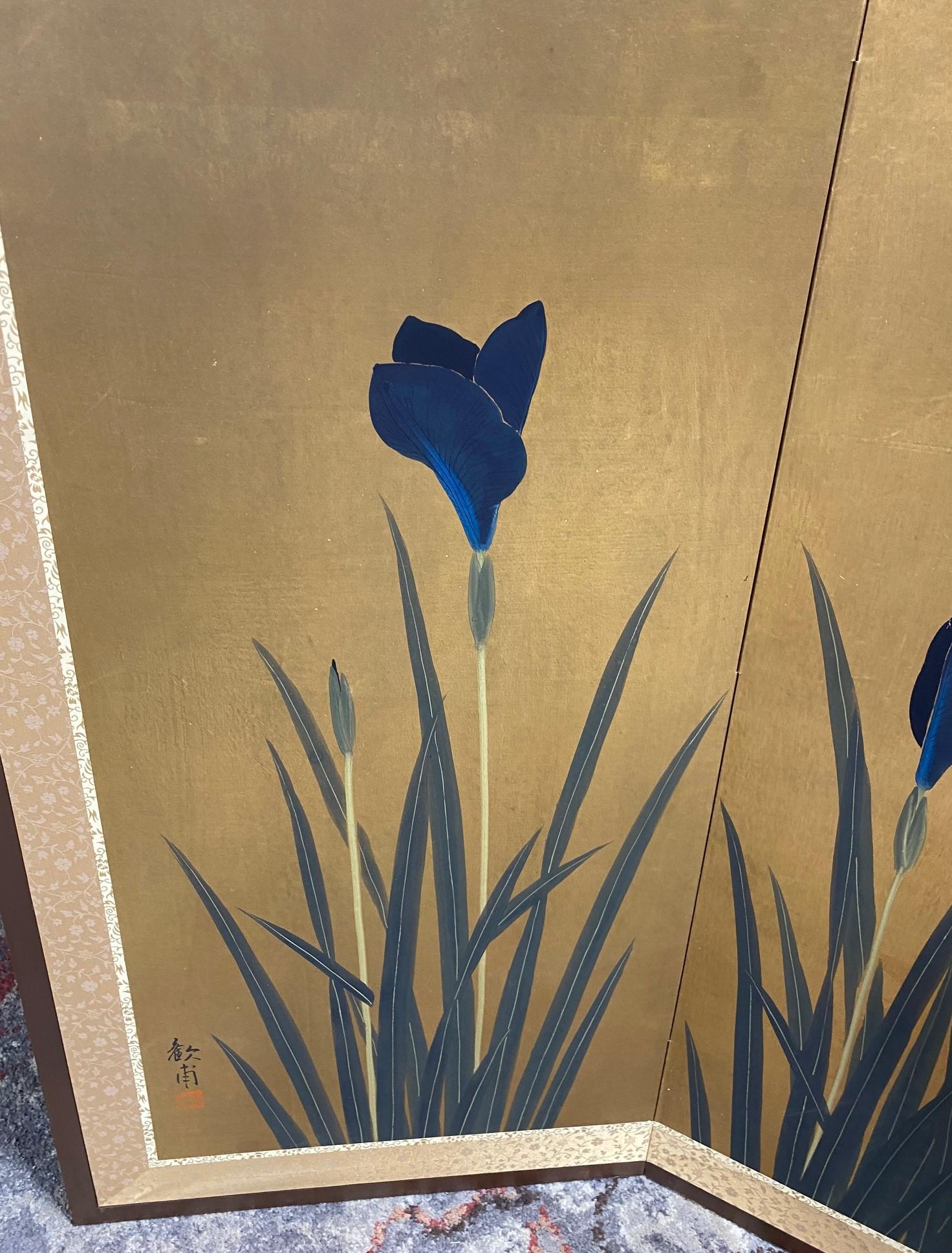 20th Century Japanese Asian Signed Four-Panel Folding Byobu Screen Iris Flowers Lanscape