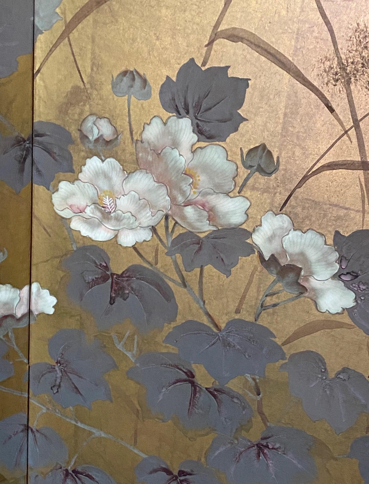 Japanisch Asiatisch Signiert Vier Panel Folding Byobu Bildschirm Landschaft Blumen & Gänse im Angebot 5
