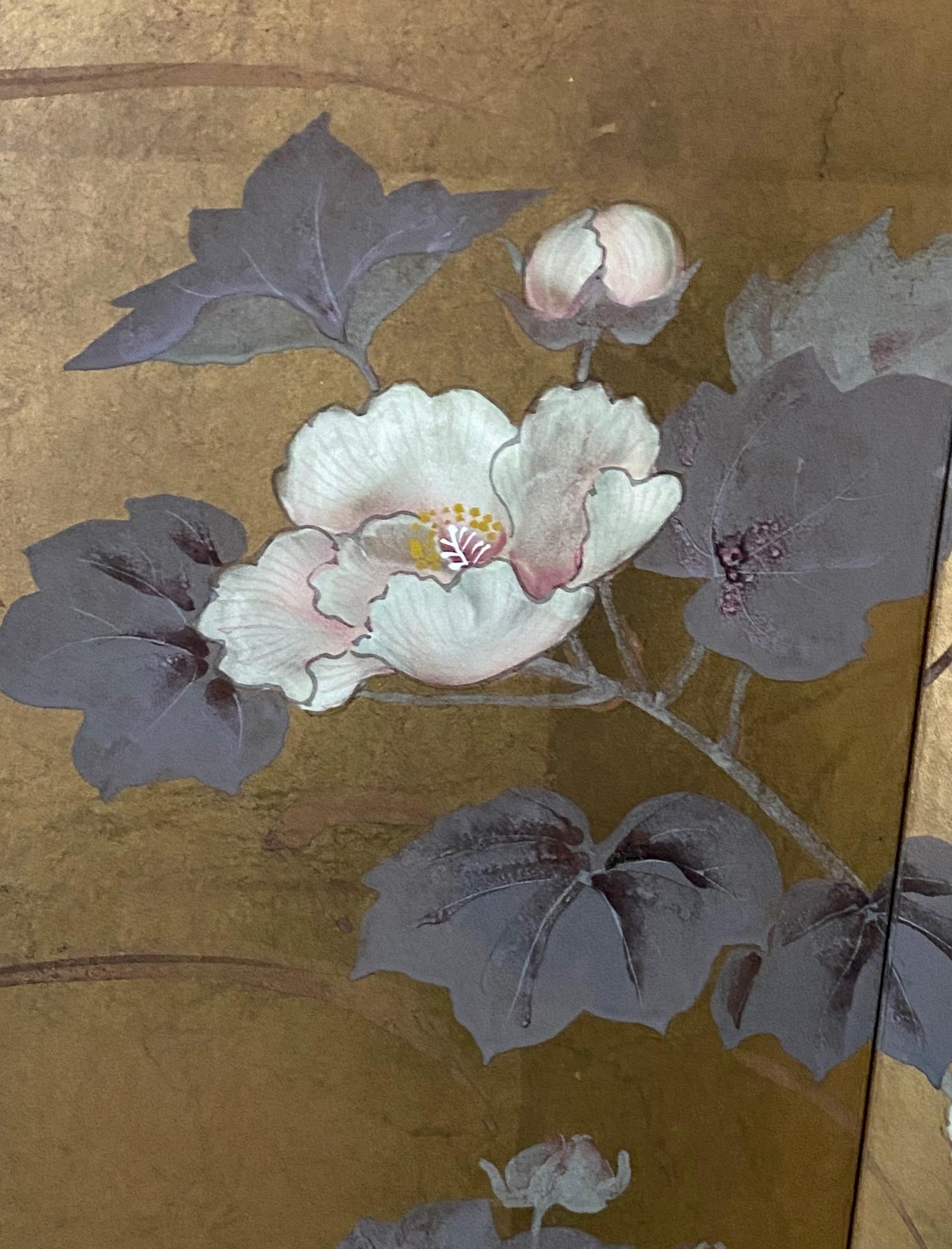 Japanisch Asiatisch Signiert Vier Panel Folding Byobu Bildschirm Landschaft Blumen & Gänse im Angebot 6