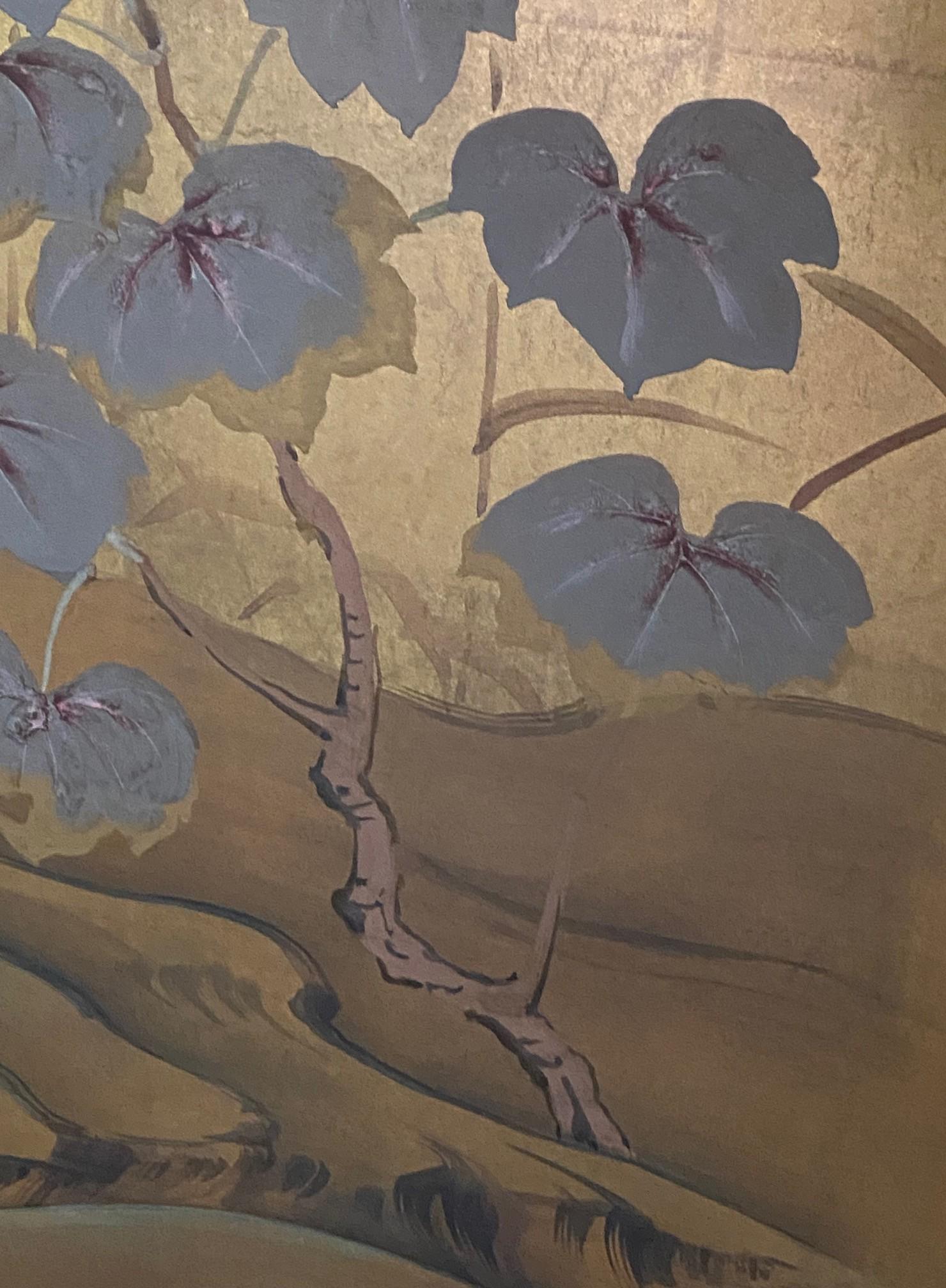 Japanisch Asiatisch Signiert Vier Panel Folding Byobu Bildschirm Landschaft Blumen & Gänse im Angebot 7