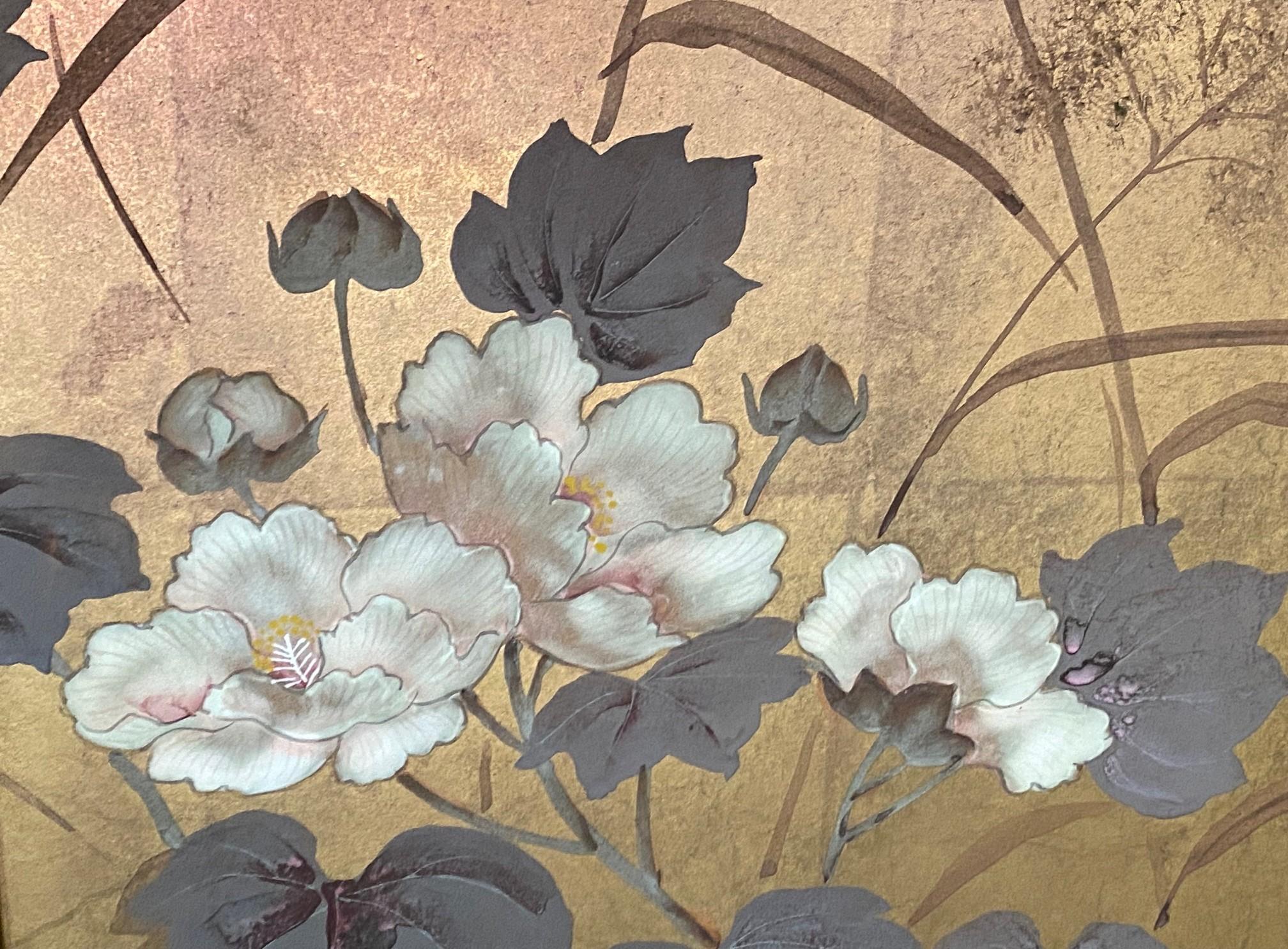 Japanisch Asiatisch Signiert Vier Panel Folding Byobu Bildschirm Landschaft Blumen & Gänse im Angebot 8