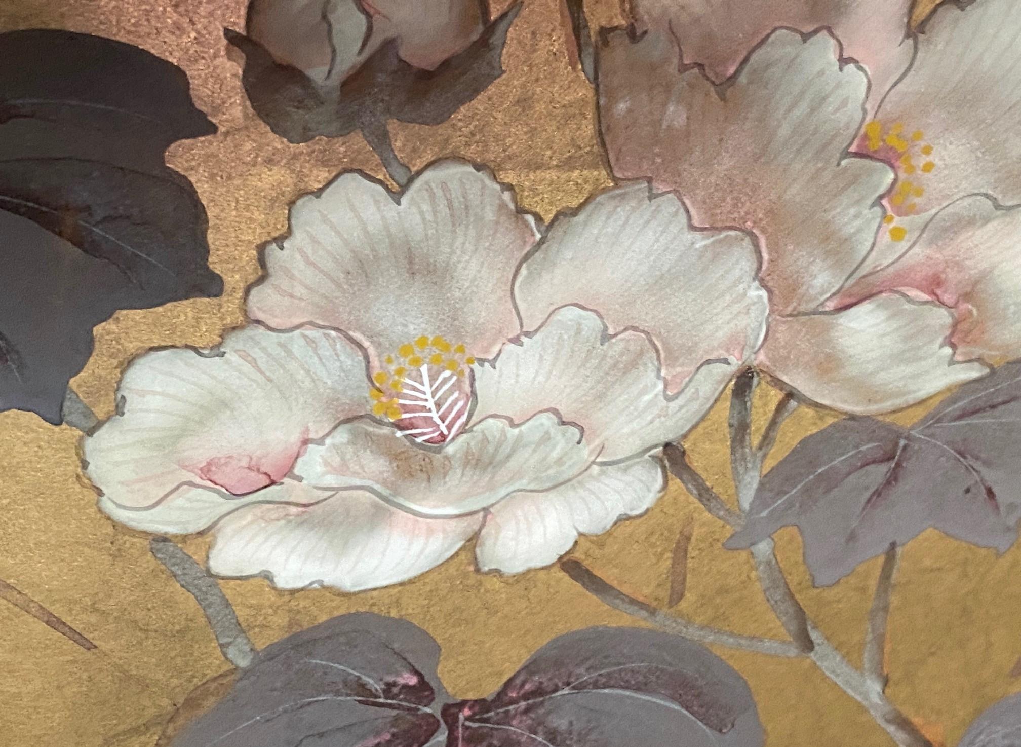 Japanisch Asiatisch Signiert Vier Panel Folding Byobu Bildschirm Landschaft Blumen & Gänse im Angebot 9