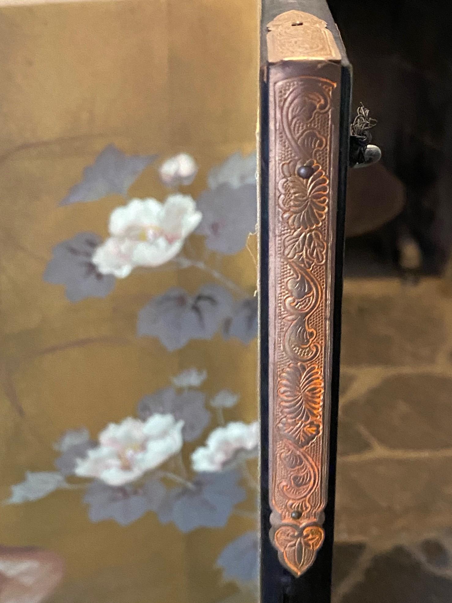 Japanisch Asiatisch Signiert Vier Panel Folding Byobu Bildschirm Landschaft Blumen & Gänse im Angebot 11