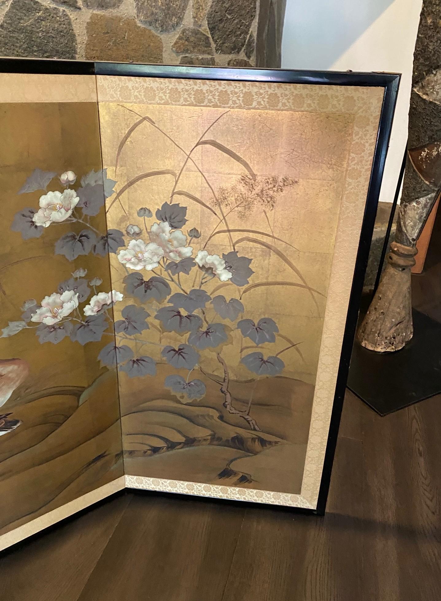 Japanisch Asiatisch Signiert Vier Panel Folding Byobu Bildschirm Landschaft Blumen & Gänse (Showa) im Angebot