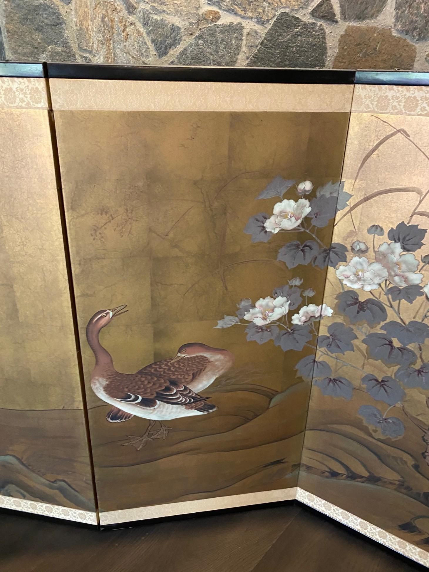 Japanisch Asiatisch Signiert Vier Panel Folding Byobu Bildschirm Landschaft Blumen & Gänse (Handgefertigt) im Angebot