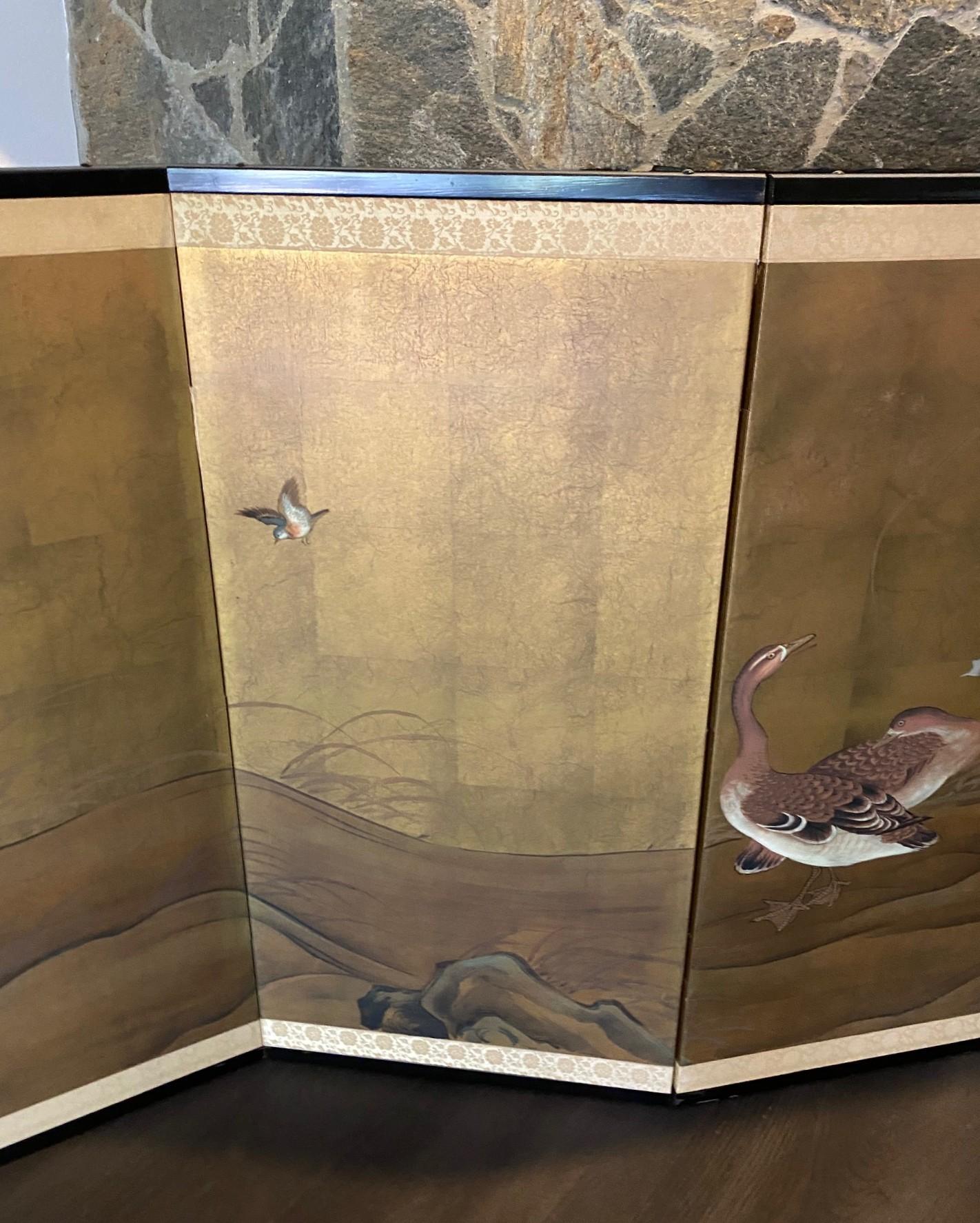 Japanisch Asiatisch Signiert Vier Panel Folding Byobu Bildschirm Landschaft Blumen & Gänse im Zustand „Gut“ im Angebot in Studio City, CA
