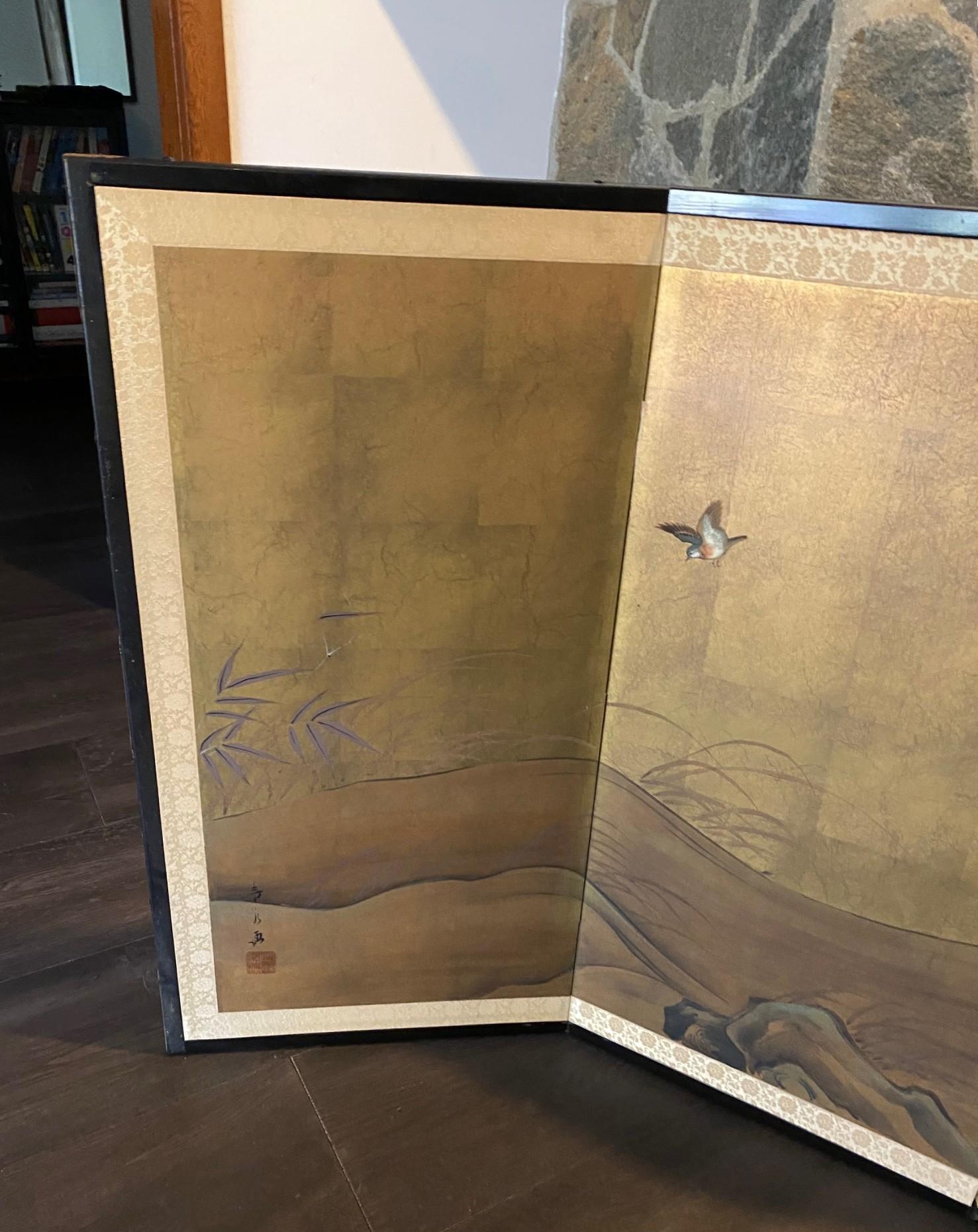 Japanisch Asiatisch Signiert Vier Panel Folding Byobu Bildschirm Landschaft Blumen & Gänse (20. Jahrhundert) im Angebot