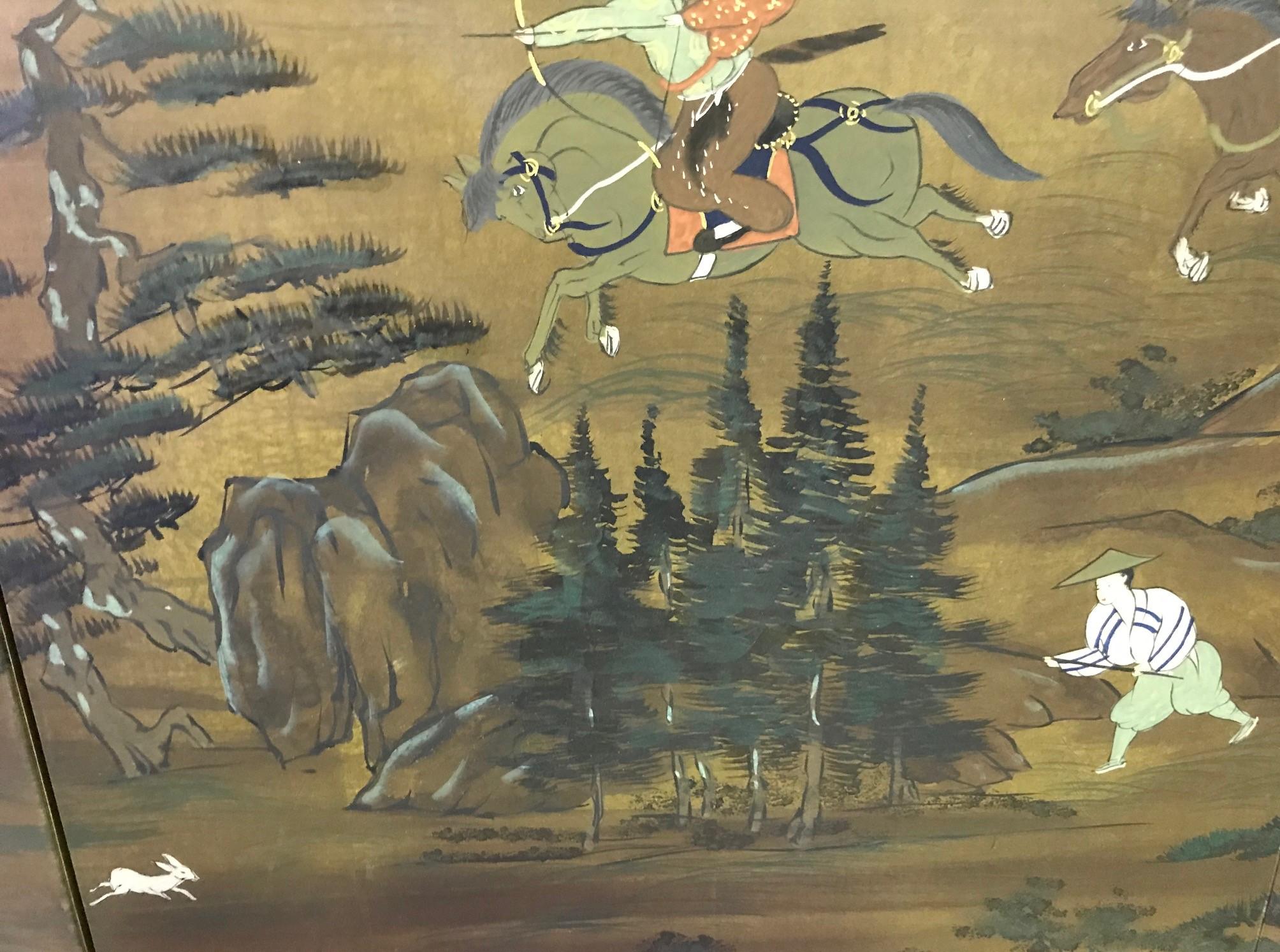 Japanese Asian Signed Four-Panel Folding Byobu Screen Landscape Hunting Scene 3