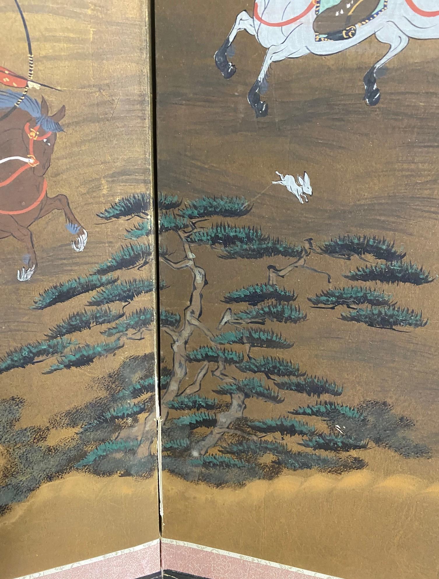 Japanisch-asiatische, signierte, vierteilige, klappbare Byobu-Raumteiler-Landschaft mit Jagdszenen im Angebot 5