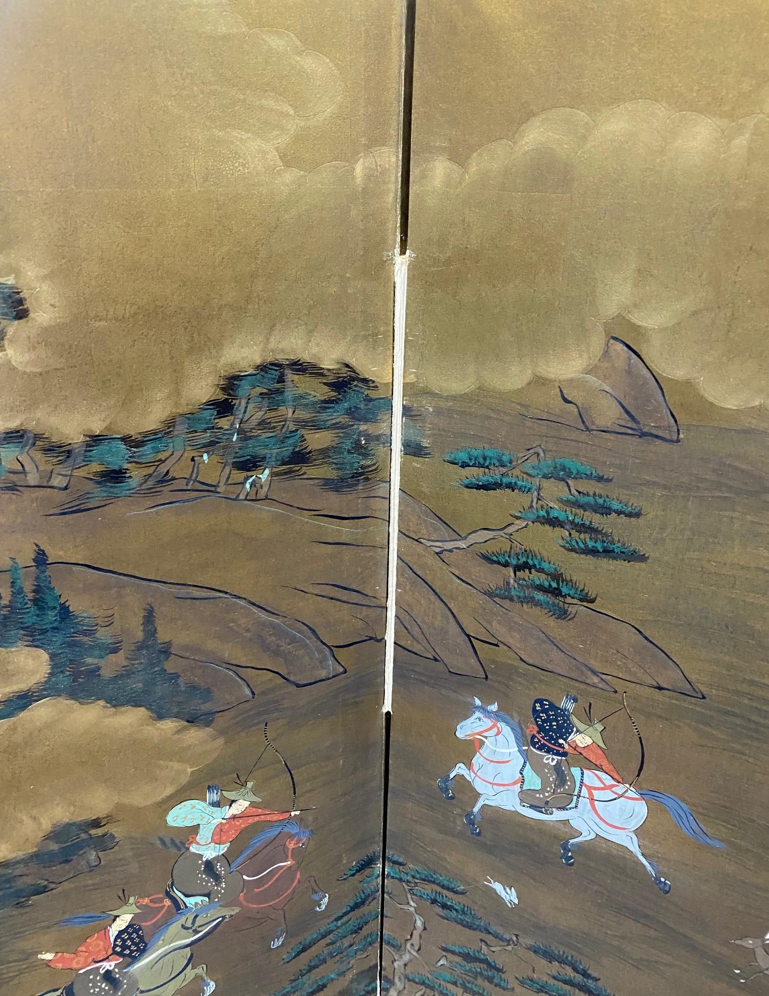 Japanisch-asiatische, signierte, vierteilige, klappbare Byobu-Raumteiler-Landschaft mit Jagdszenen im Angebot 7