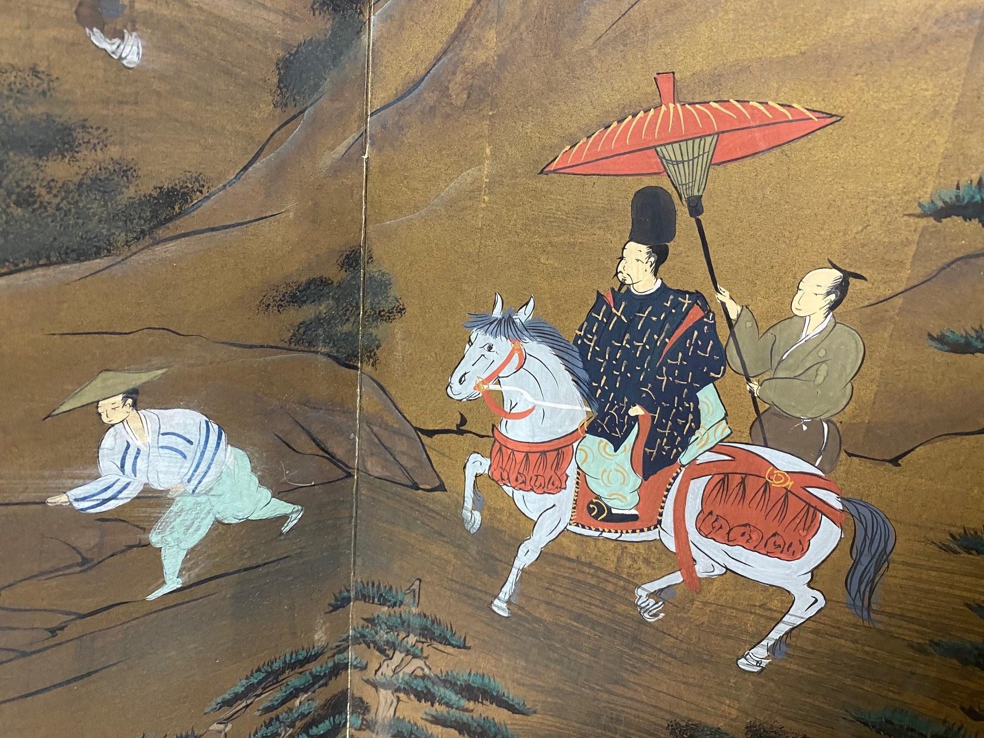 Japanisch-asiatische, signierte, vierteilige, klappbare Byobu-Raumteiler-Landschaft mit Jagdszenen im Angebot 8