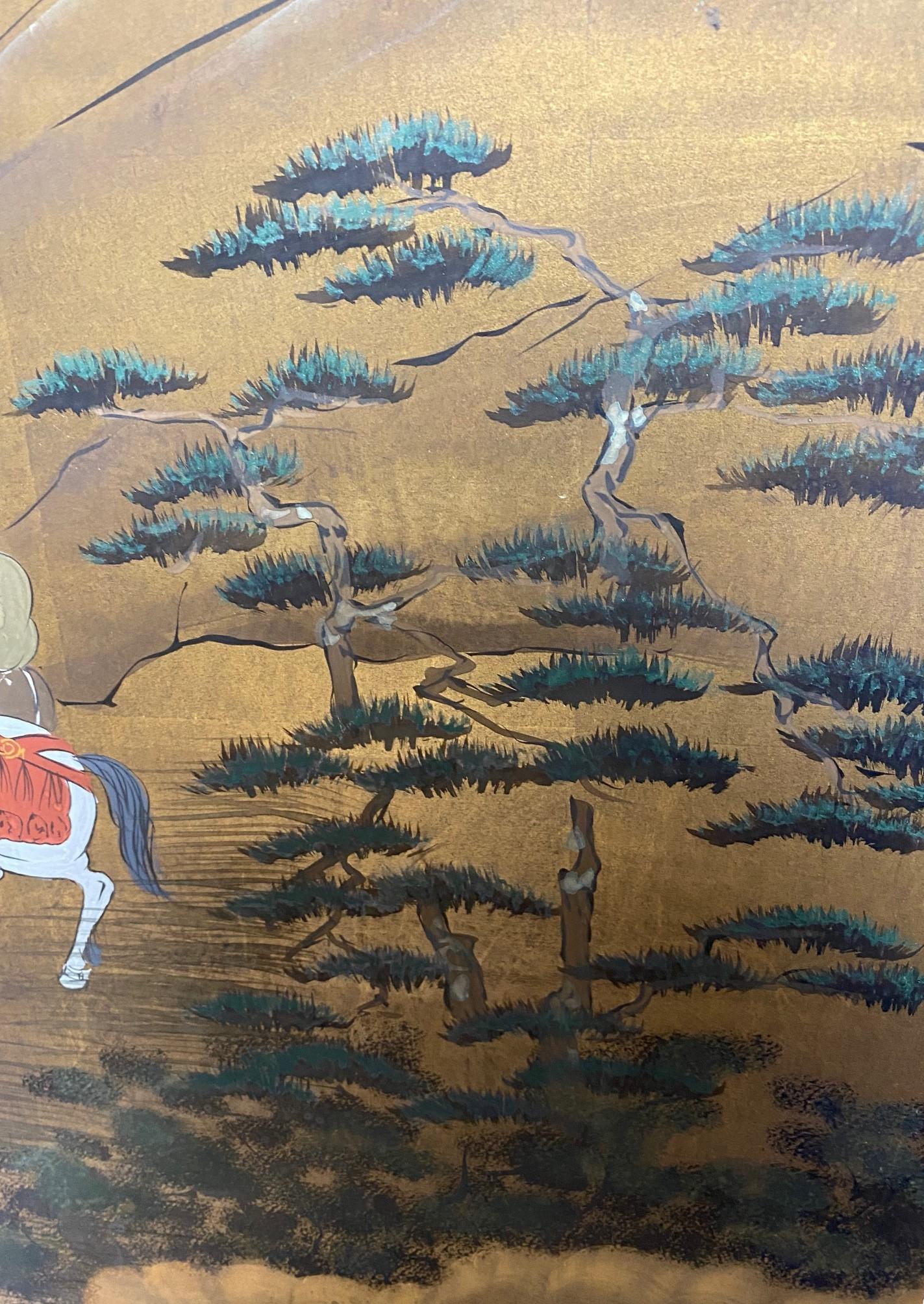 Japanisch-asiatische, signierte, vierteilige, klappbare Byobu-Raumteiler-Landschaft mit Jagdszenen im Angebot 9