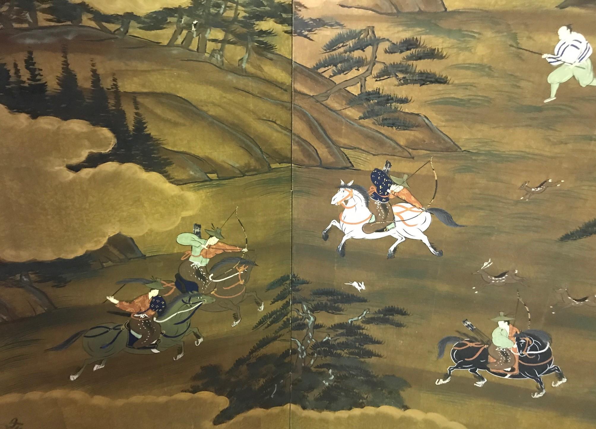 Showa Japanese Asian Signed Four-Panel Folding Byobu Screen Landscape Hunting Scene