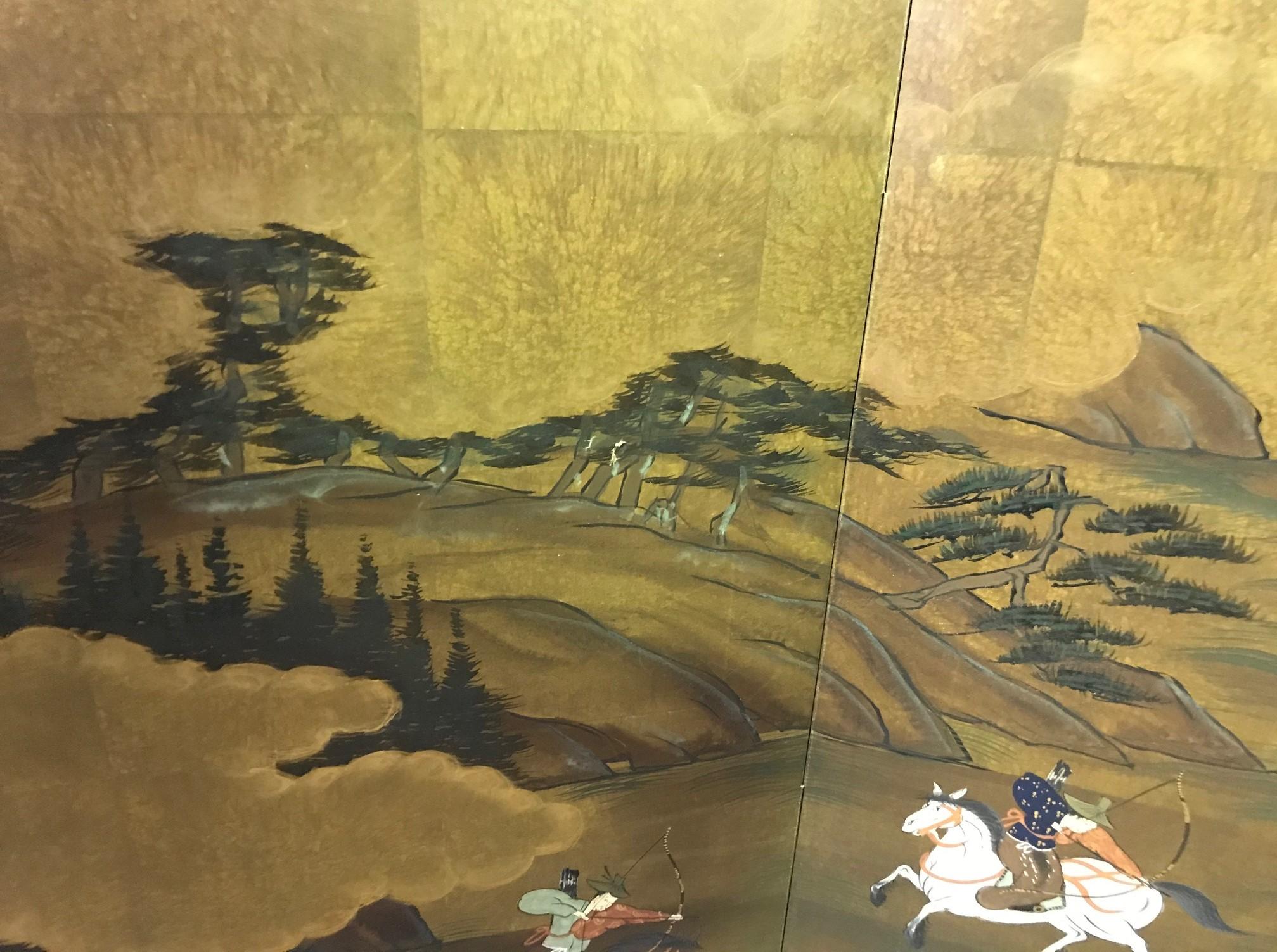 Hand-Painted Japanese Asian Signed Four-Panel Folding Byobu Screen Landscape Hunting Scene