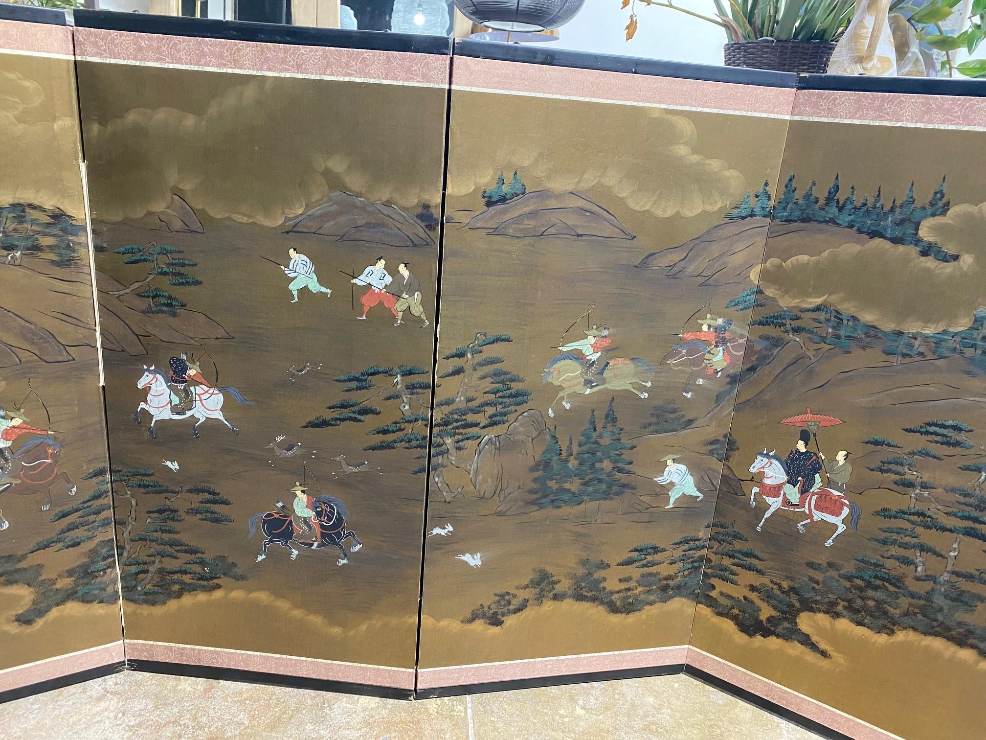 Japanisch-asiatische, signierte, vierteilige, klappbare Byobu-Raumteiler-Landschaft mit Jagdszenen (Handbemalt) im Angebot