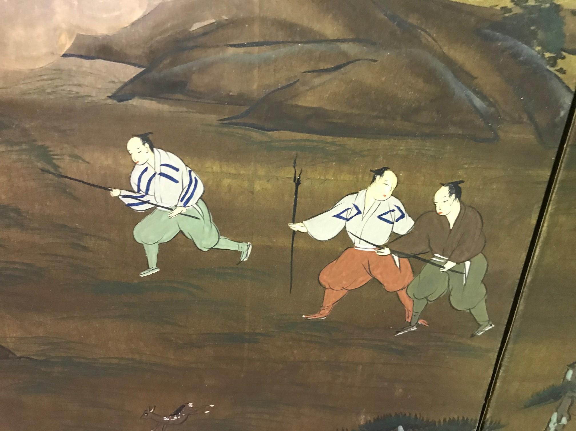Japanese Asian Signed Four-Panel Folding Byobu Screen Landscape Hunting Scene In Good Condition In Studio City, CA