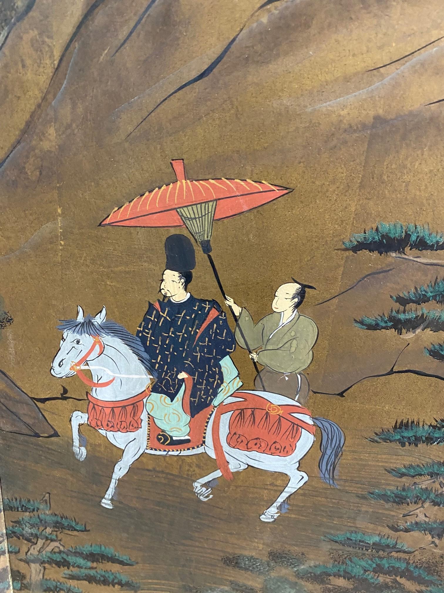 Japanisch-asiatische, signierte, vierteilige, klappbare Byobu-Raumteiler-Landschaft mit Jagdszenen (20. Jahrhundert) im Angebot