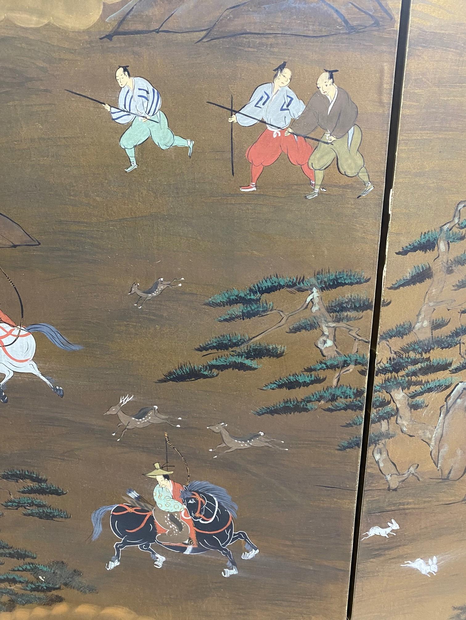 Japanisch-asiatische, signierte, vierteilige, klappbare Byobu-Raumteiler-Landschaft mit Jagdszenen im Angebot 1