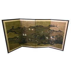 Japanese Asian Signed Four-Panel Folding Byobu Screen Landscape Hunting Scene