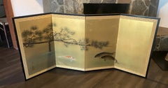 Japanese Asian Signed Four Panel Folding Byobu Screen Landscape with Koi Carp