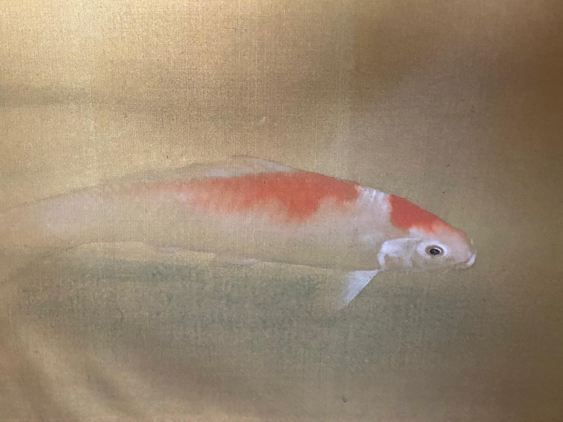 Seta Paravento giapponese asiatico firmato a quattro pannelli Foldes Byobu con paesaggio di carpe Koi in vendita