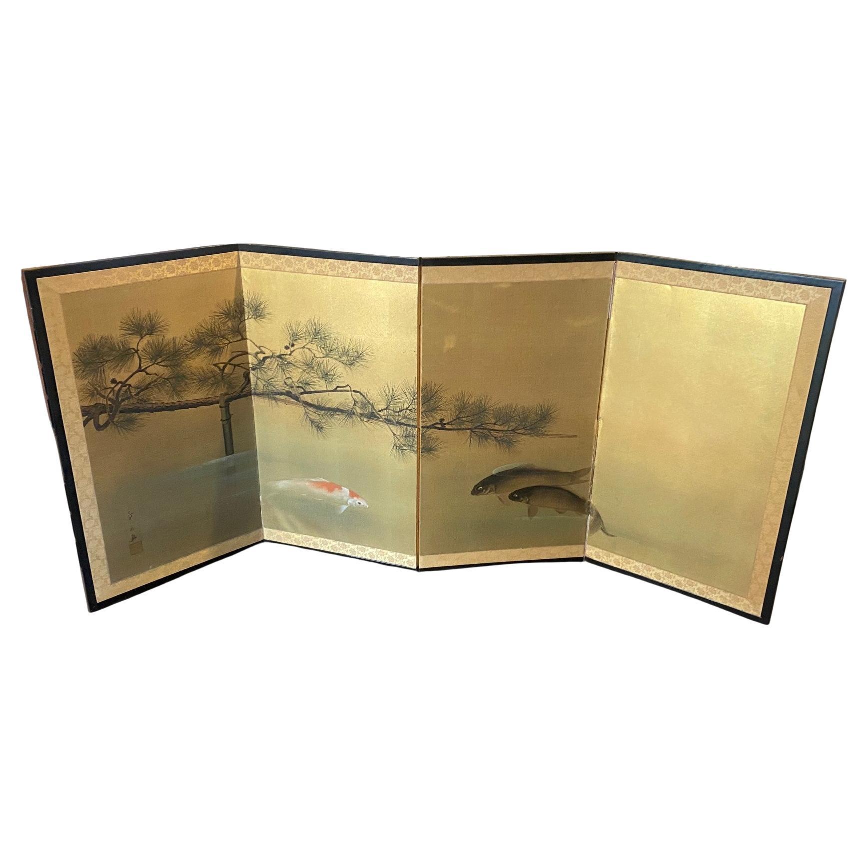 Japanese Asian Signed Four Panel Folding Byobu Screen Landscape with Koi Carp