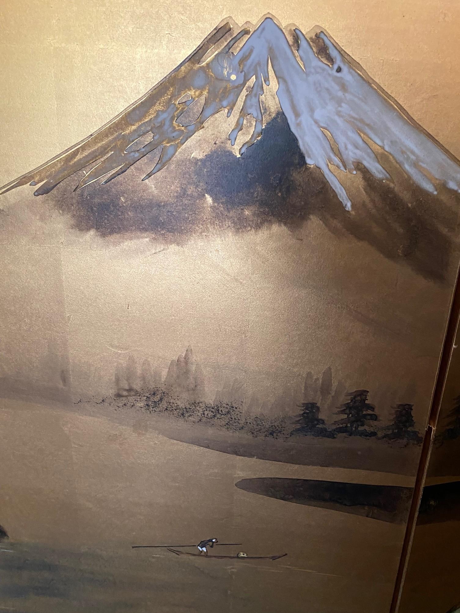 Paravento Byobu giapponese firmato a quattro pannelli pieghevoli con paesaggio del Monte MT Fuji in vendita 7