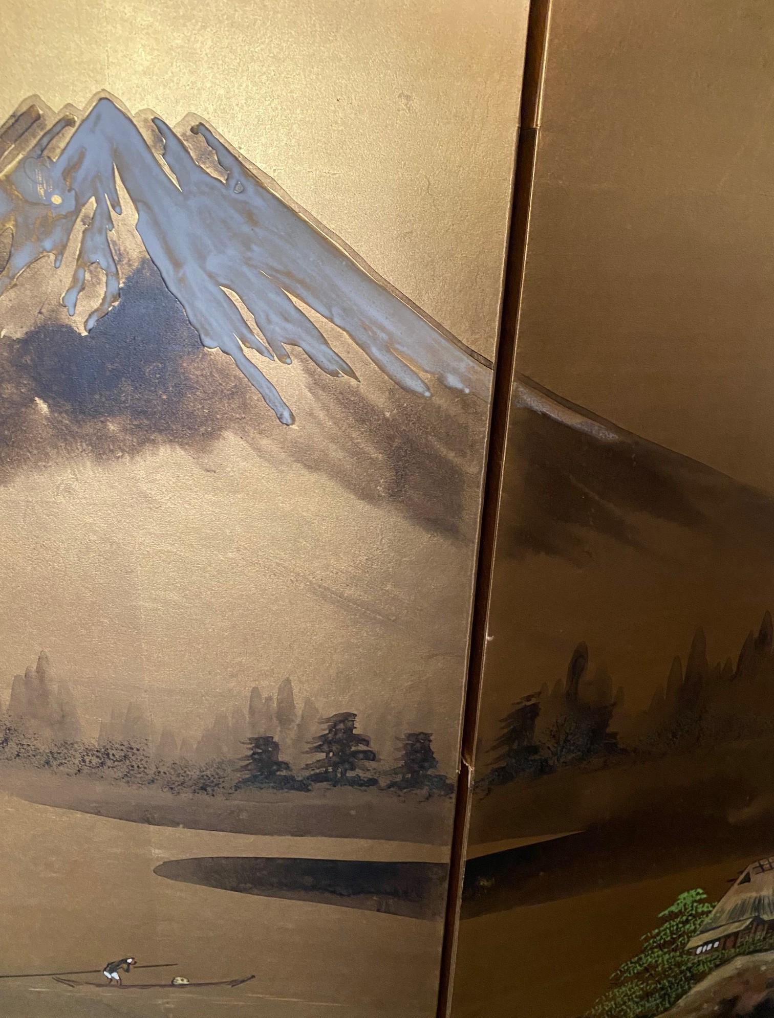 Paravento Byobu giapponese firmato a quattro pannelli pieghevoli con paesaggio del Monte MT Fuji in vendita 9