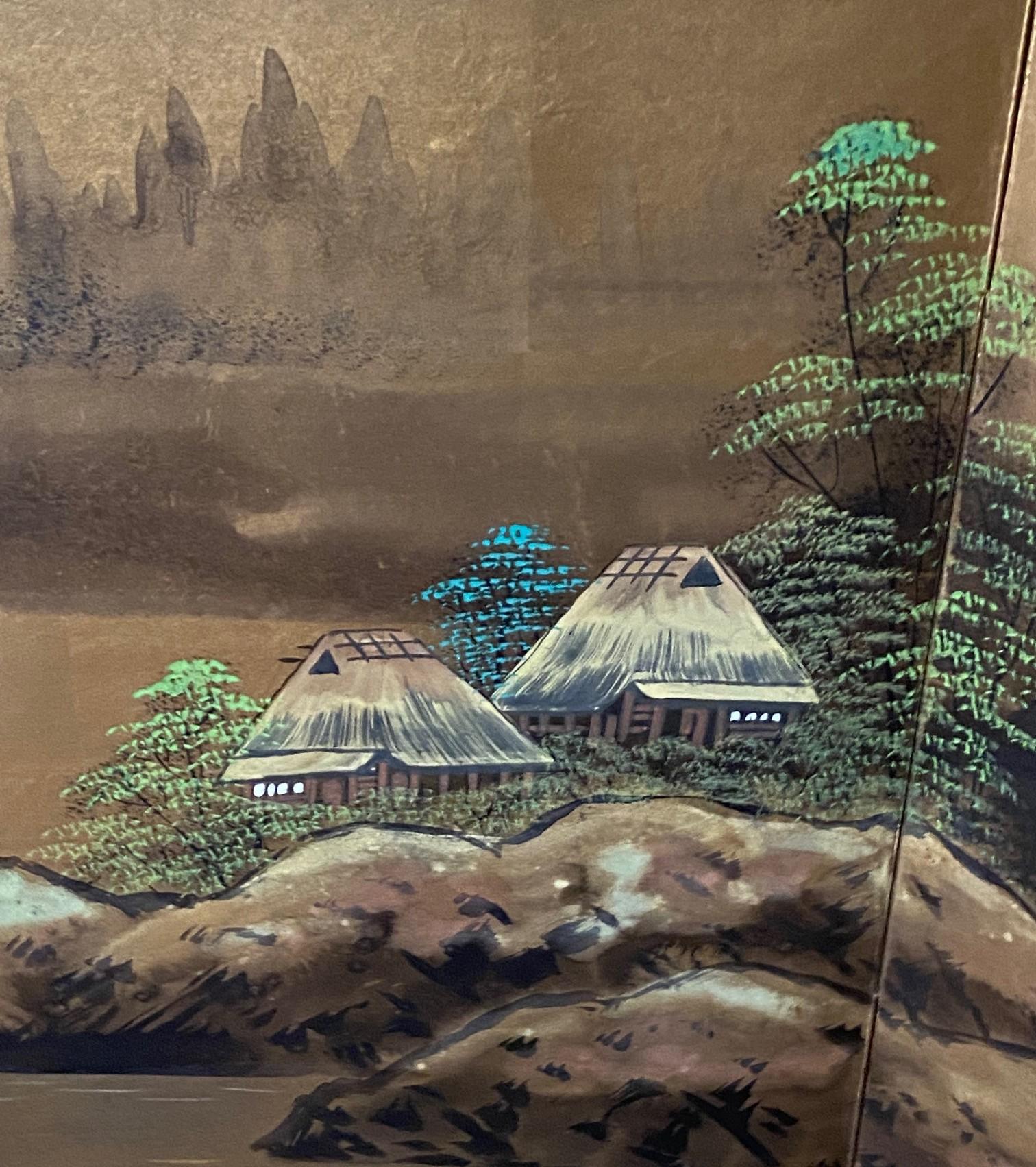 Foglia d’oro Paravento Byobu giapponese firmato a quattro pannelli pieghevoli con paesaggio del Monte MT Fuji in vendita