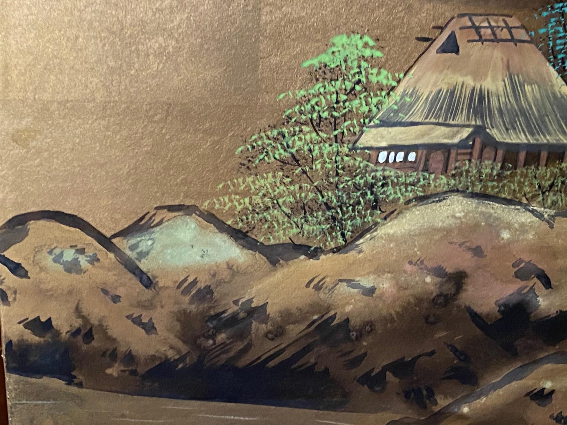 Paravento Byobu giapponese firmato a quattro pannelli pieghevoli con paesaggio del Monte MT Fuji in vendita 1