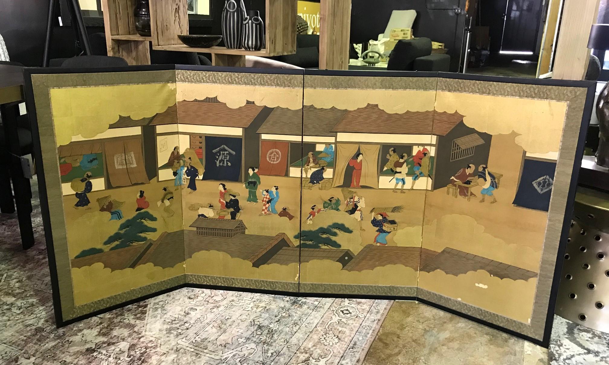 A gorgeous four-panel Japanese Byobu folding screen depicting a colorful village scene with numerous people engaged in village life. The dark rich colors, deep gold leaf, and beautiful hand-painted detail really make this an attractive and unique