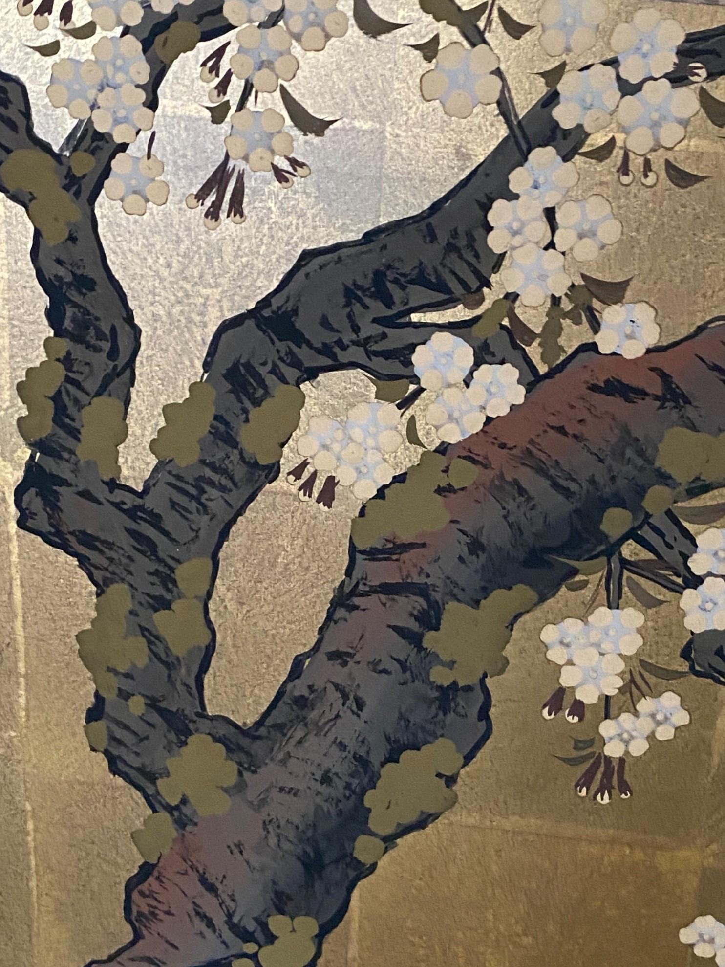 Japanese Asian Signed Four-Panel Folding Byobu Showa Cherry Blossom Tree Screen 4