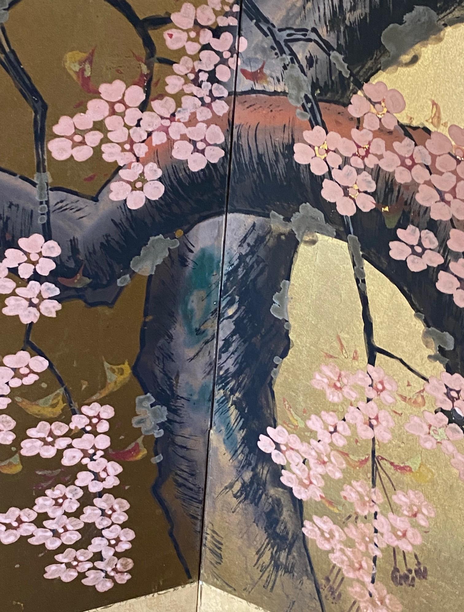 Japanisch Asiatisch Signiert Vier-Panel Folding Byobu Showa Kirschblütenbaum Bildschirm im Angebot 4