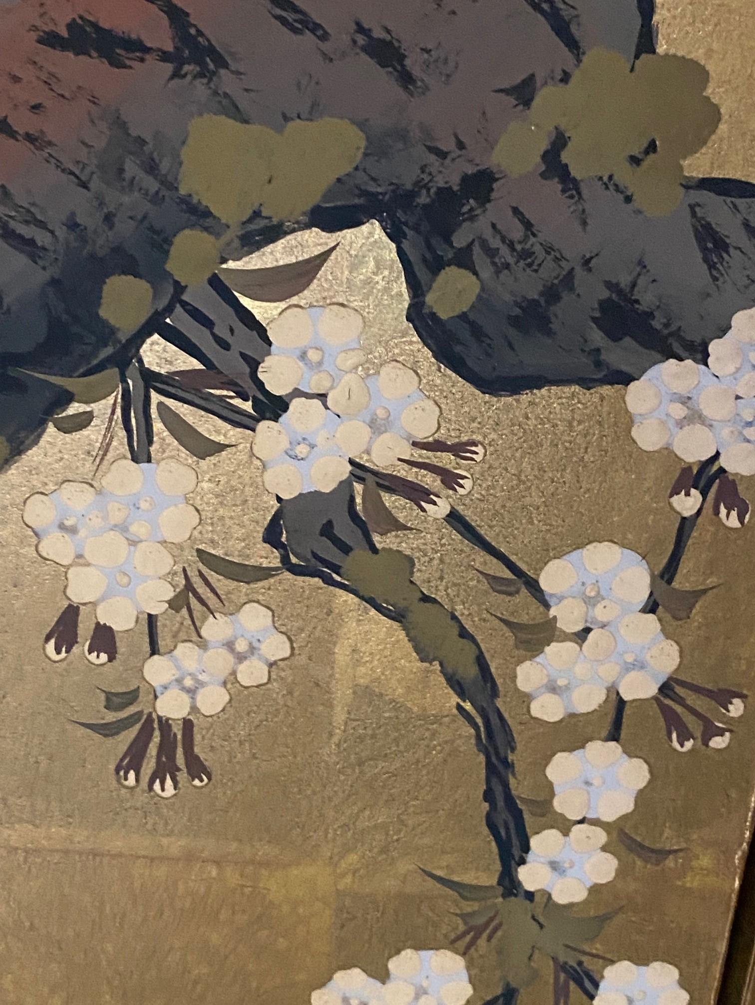 Japanese Asian Signed Four-Panel Folding Byobu Showa Cherry Blossom Tree Screen 5