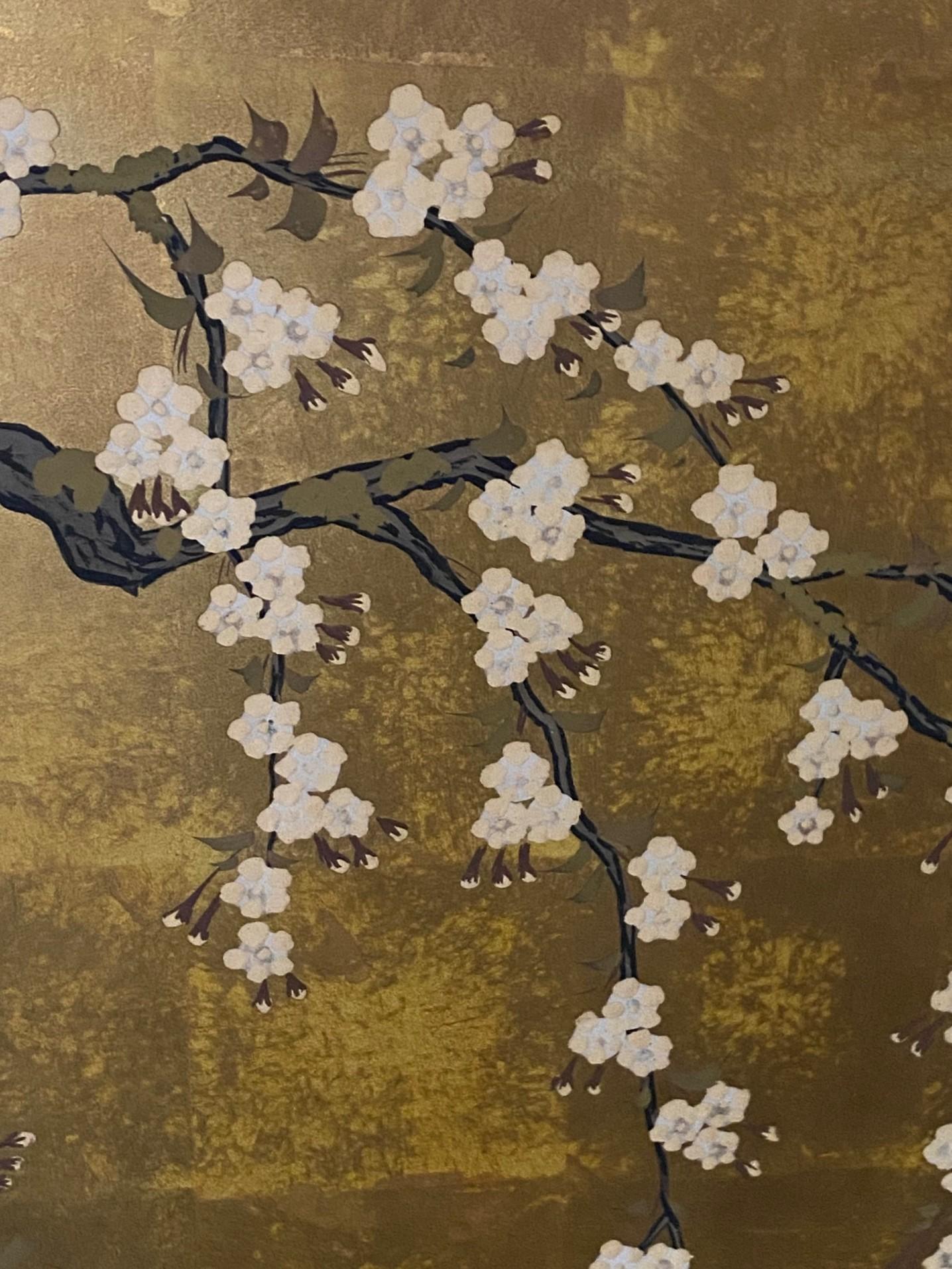 Japanese Asian Signed Four-Panel Folding Byobu Showa Cherry Blossom Tree Screen 7