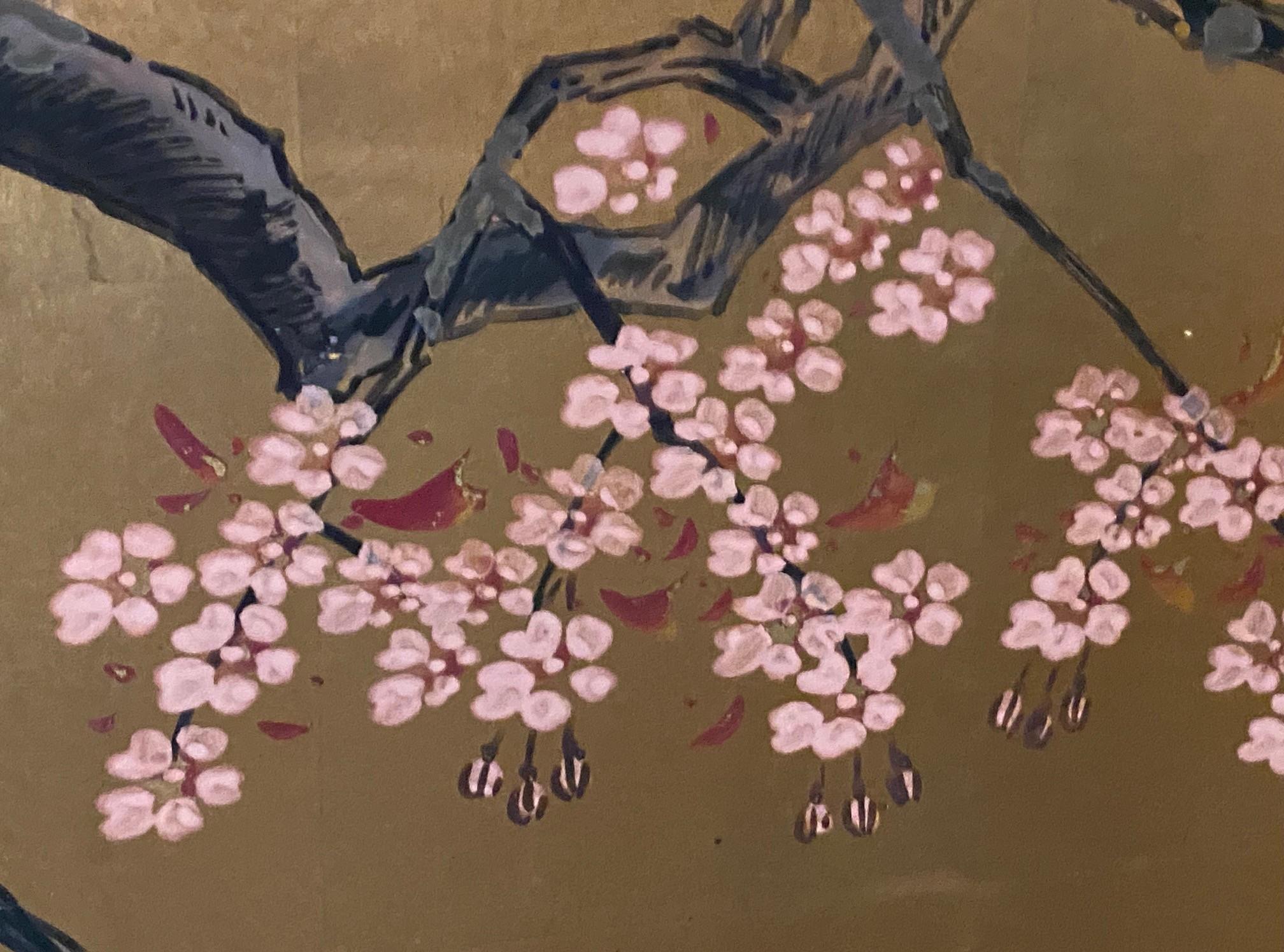 Japanisch Asiatisch Signiert Vier-Panel Folding Byobu Showa Kirschblütenbaum Bildschirm im Angebot 7