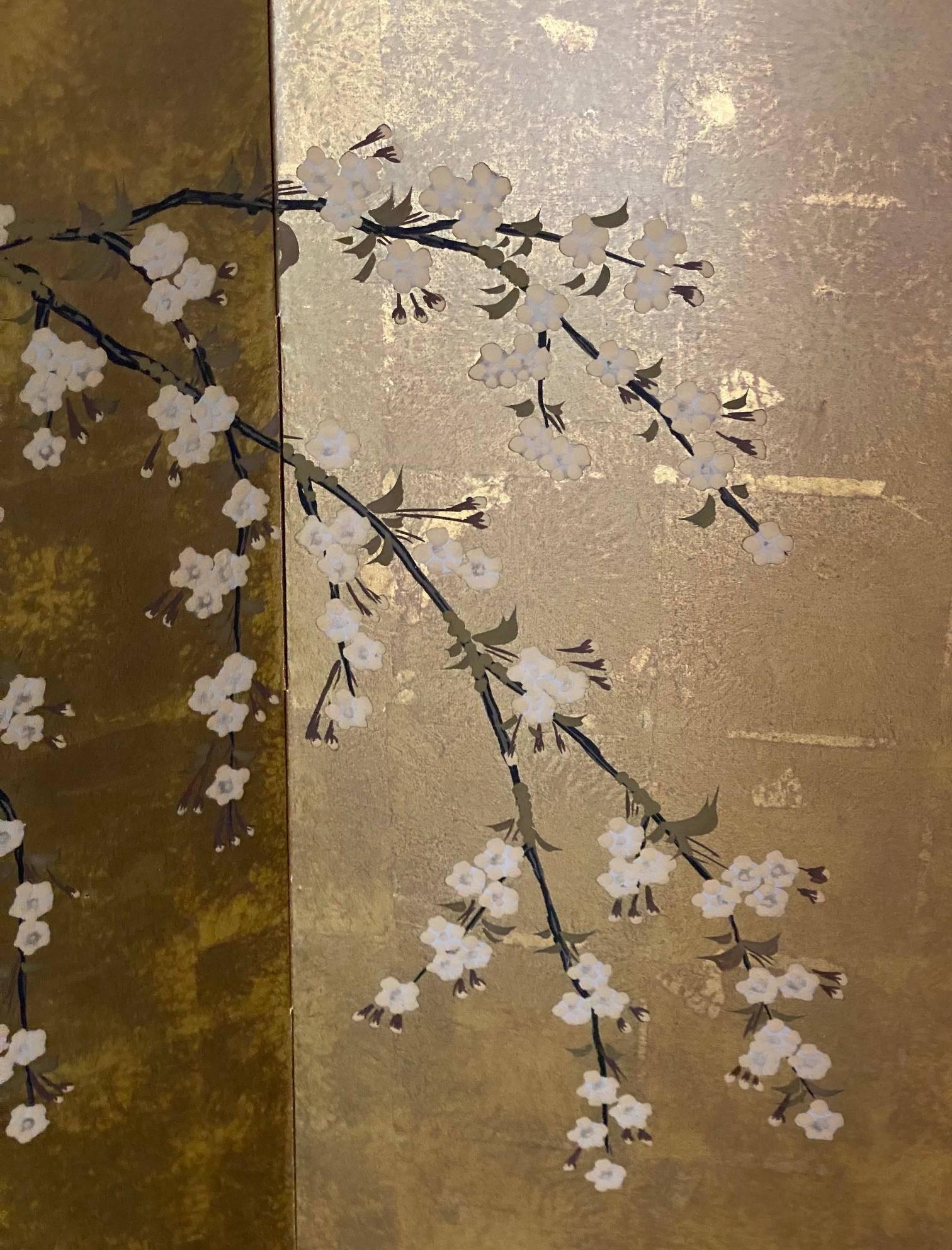 Japanese Asian Signed Four-Panel Folding Byobu Showa Cherry Blossom Tree Screen 8