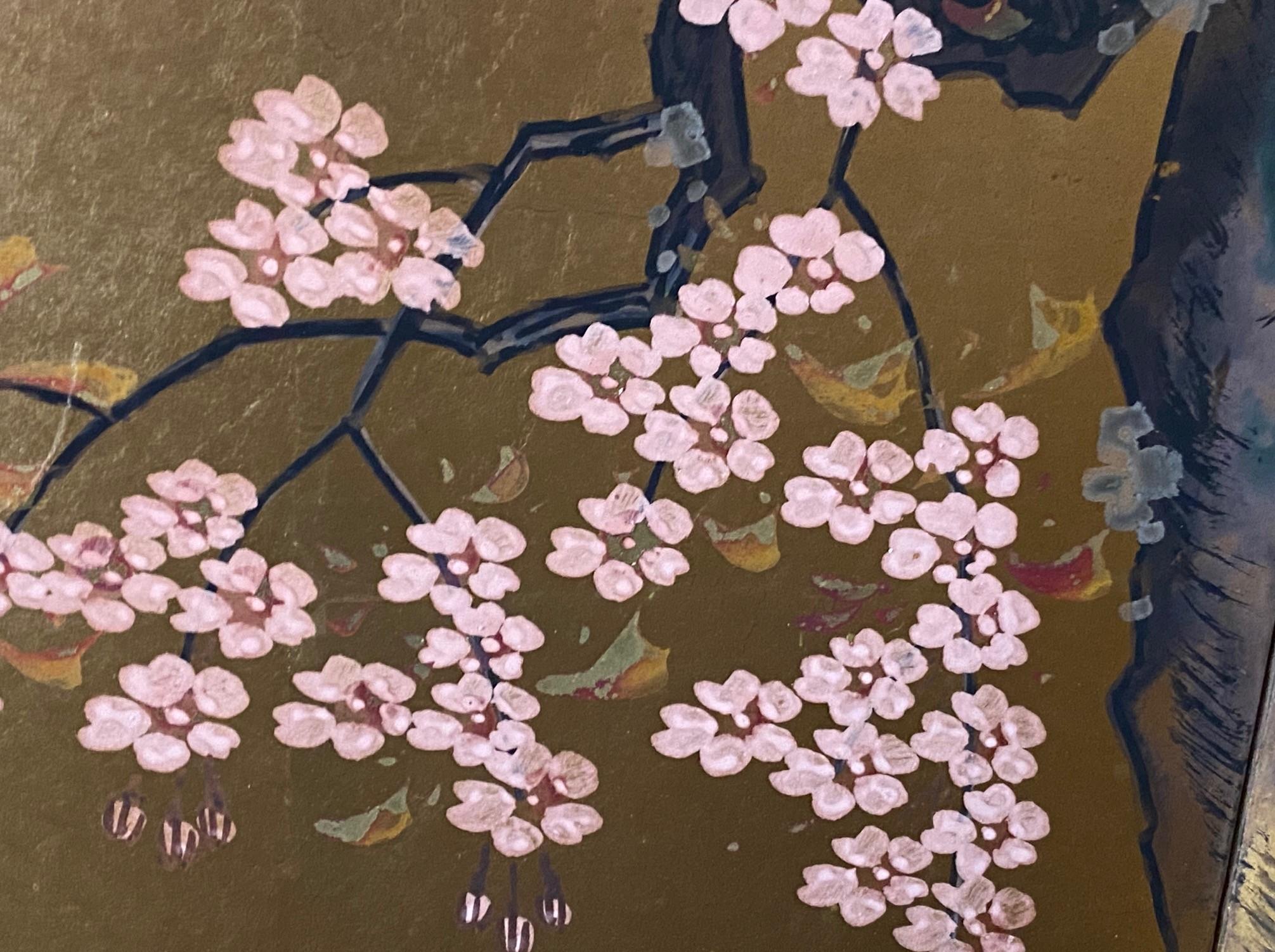 Japanisch Asiatisch Signiert Vier-Panel Folding Byobu Showa Kirschblütenbaum Bildschirm im Angebot 8