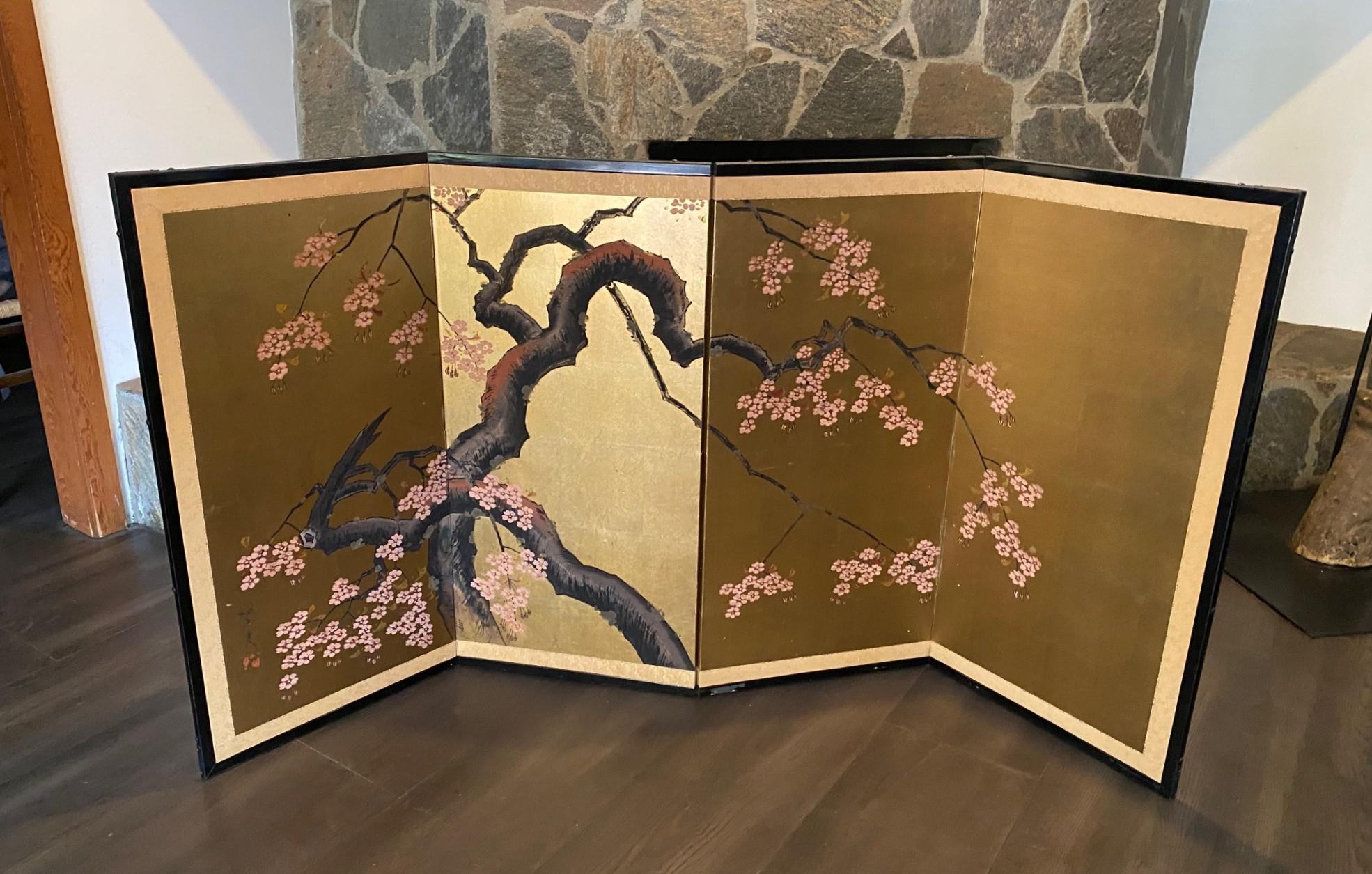 Japanisch Asiatisch Signiert Vier-Panel Folding Byobu Showa Kirschblütenbaum Bildschirm im Angebot 12