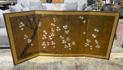 Japanese Asian Signed Four-Panel Folding Byobu Showa Cherry Blossom Tree Screen