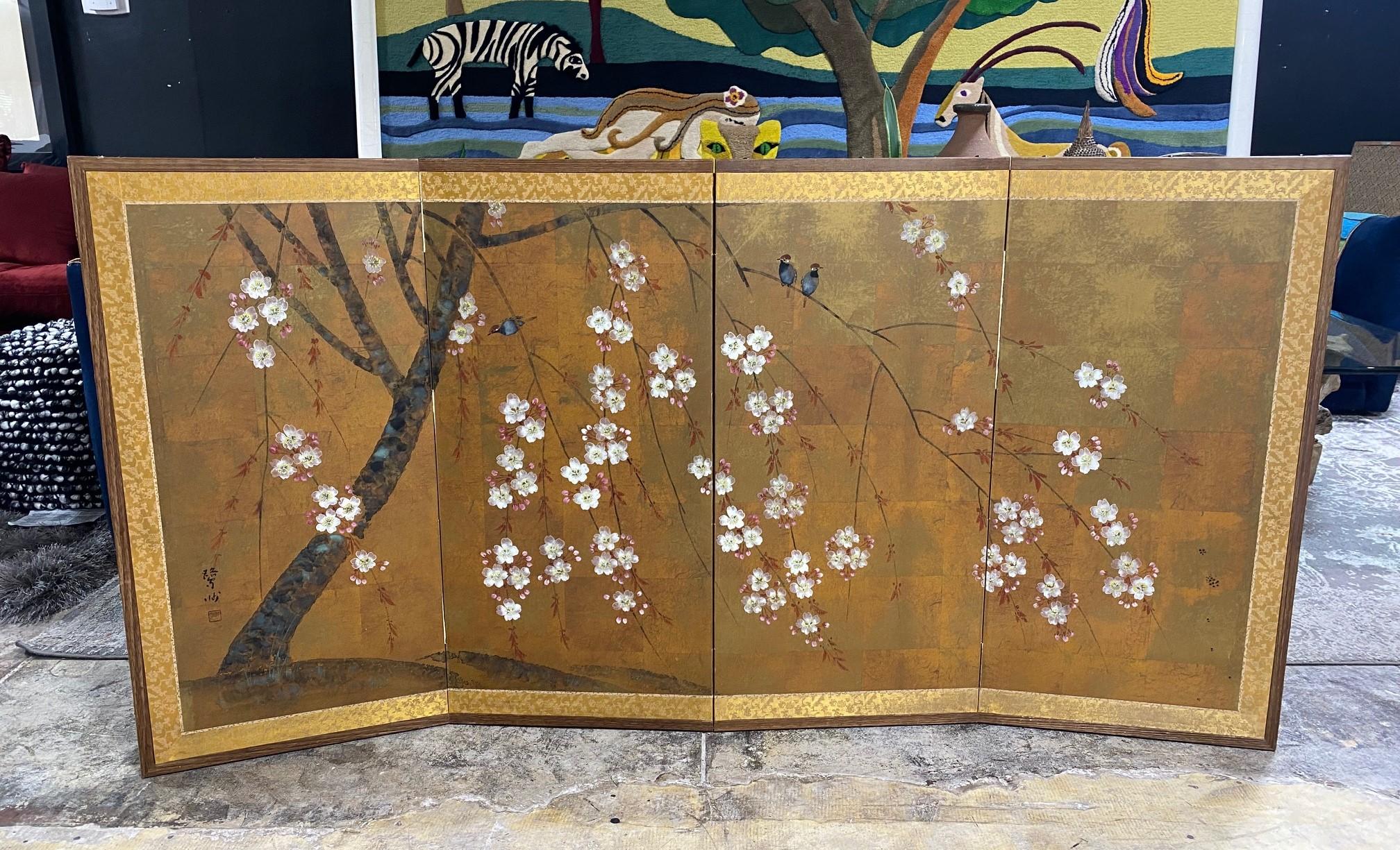 Japanese Asian Signed Four-Panel Folding Byobu Showa Cherry Blossom Tree Screen 14