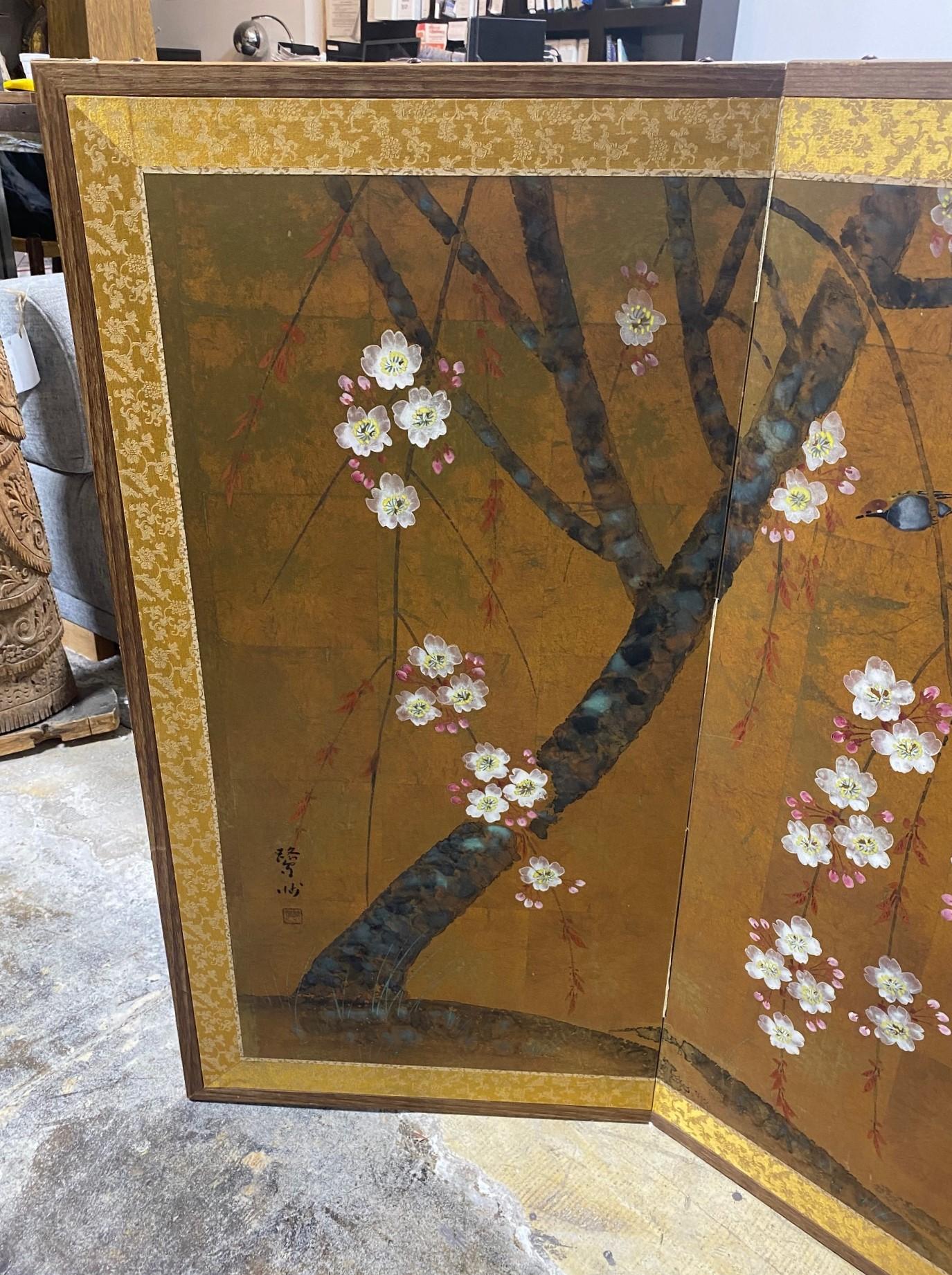 Hand-Painted Japanese Asian Signed Four-Panel Folding Byobu Showa Cherry Blossom Tree Screen