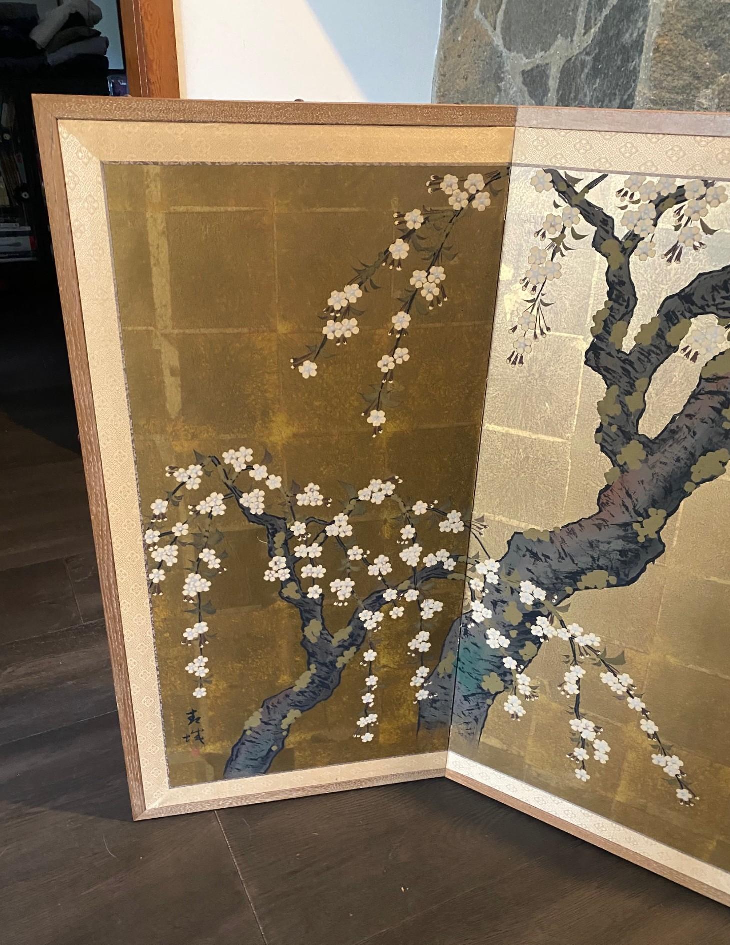 Hand-Painted Japanese Asian Signed Four-Panel Folding Byobu Showa Cherry Blossom Tree Screen