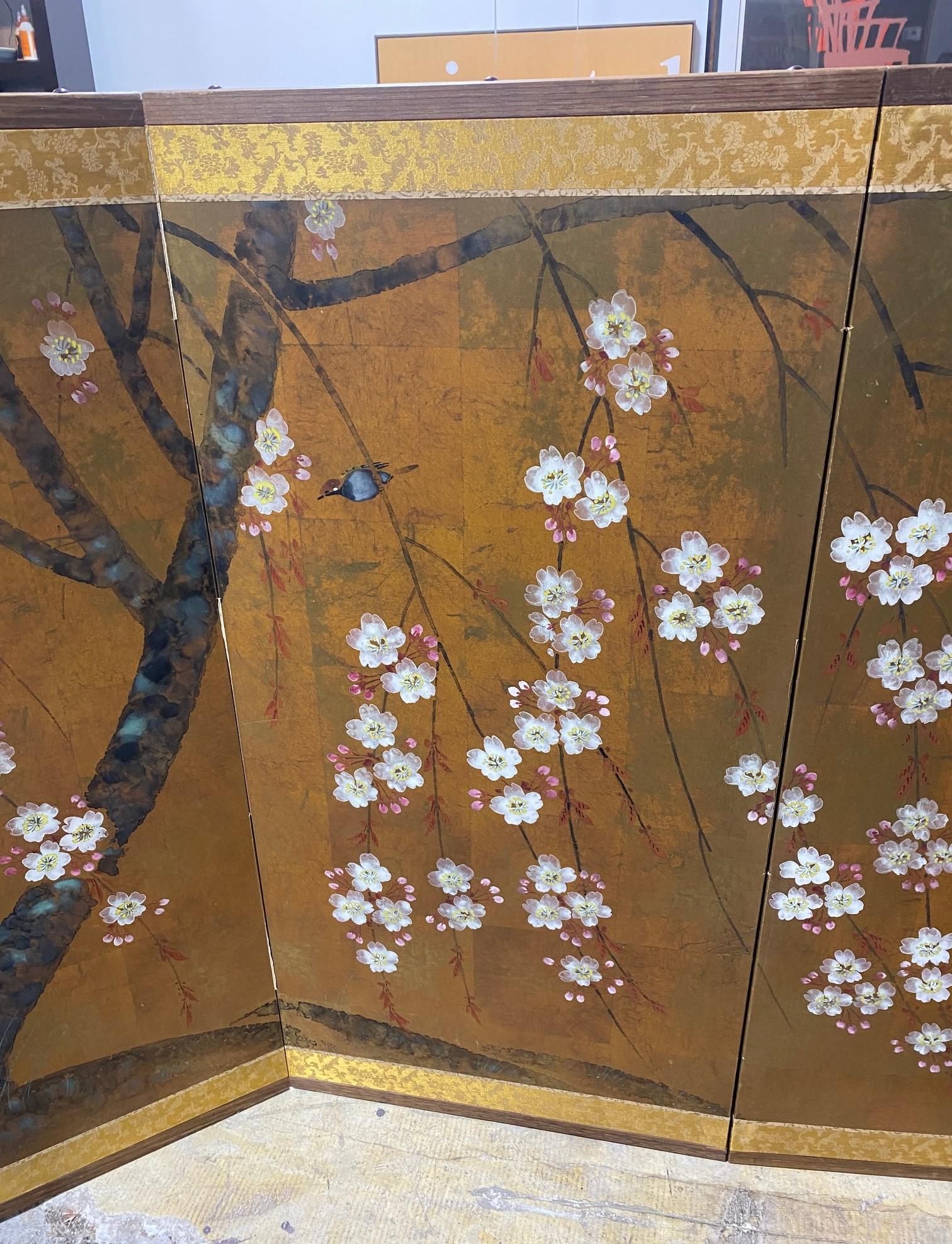 Japanese Asian Signed Four-Panel Folding Byobu Showa Cherry Blossom Tree Screen In Good Condition In Studio City, CA