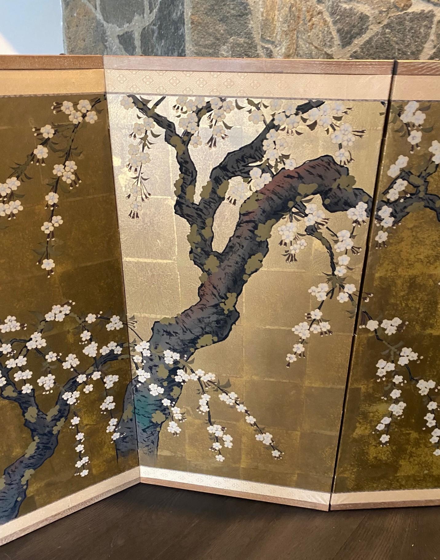 Japanese Asian Signed Four-Panel Folding Byobu Showa Cherry Blossom Tree Screen In Good Condition In Studio City, CA