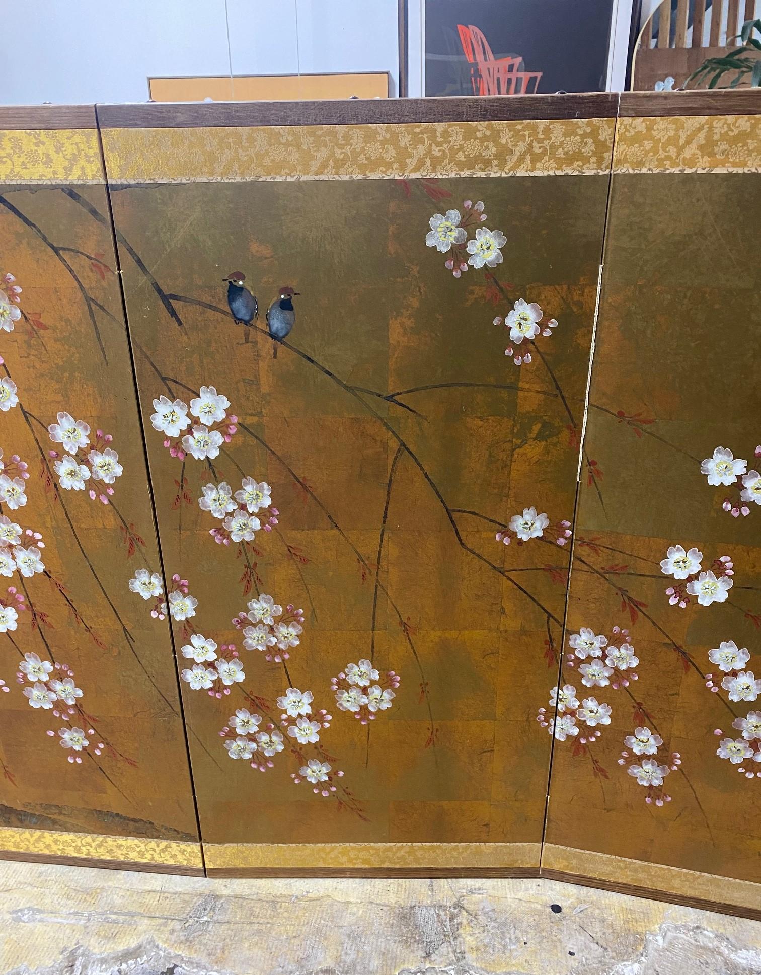20th Century Japanese Asian Signed Four-Panel Folding Byobu Showa Cherry Blossom Tree Screen
